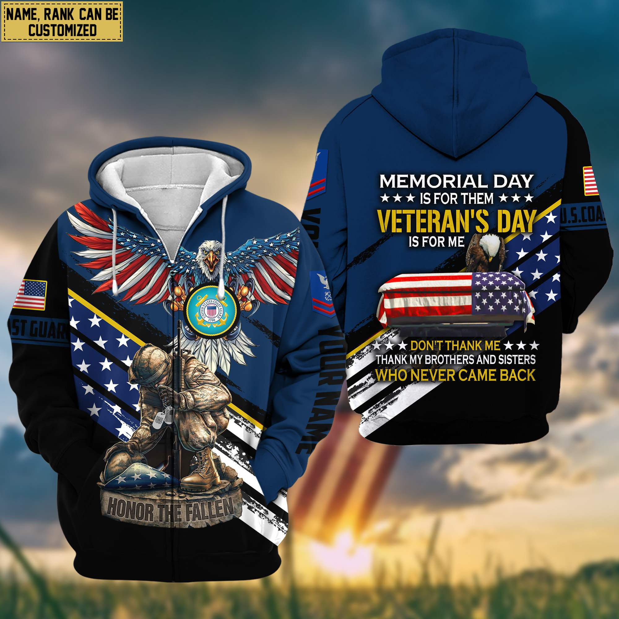Premium Custom Name, Rank USCG Veteran Zip Up Hoodie, Gifts For Coast Guard Veteran, Gifts For Dad, For Husband VPVC601105