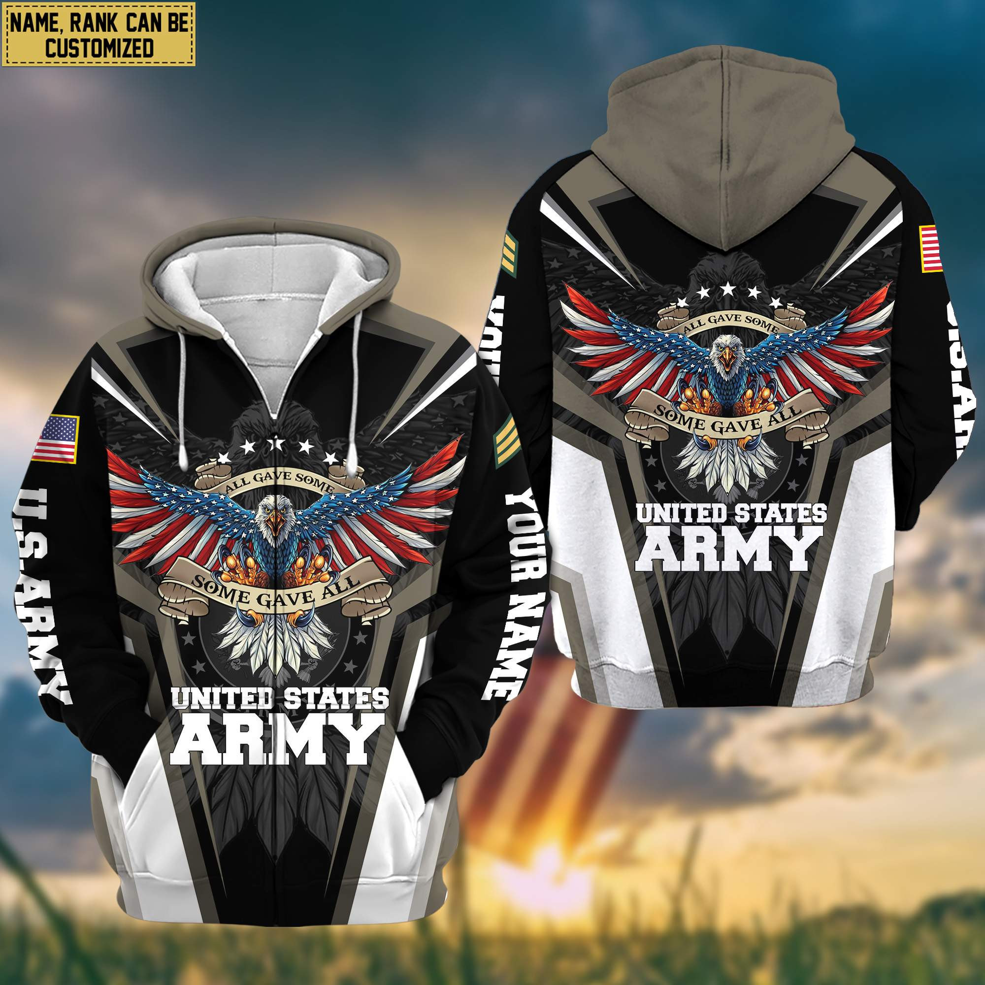 US Army Veteran Zip Up Hoodie Custom Name, Rank, Gifts For Army Veteran, Gifts For Dad, For Husband VPVC601201