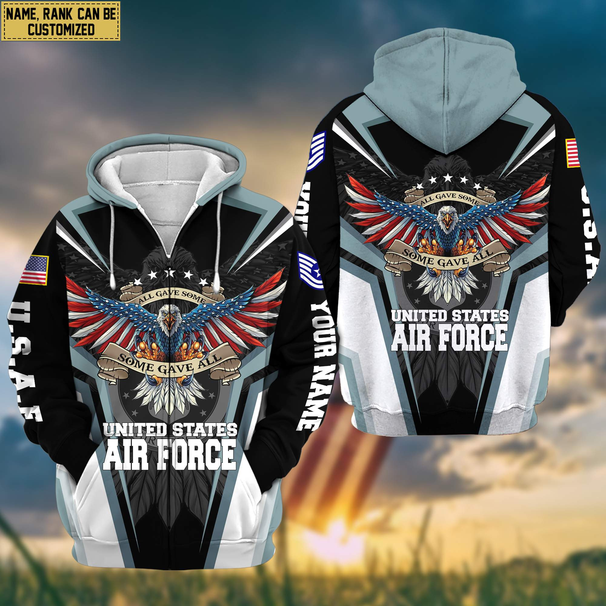 USAF Veteran Zip Up Hoodie Custom Name, Rank, Gifts For Air Force Veteran, Gifts For Dad, For Husband VPVC601204