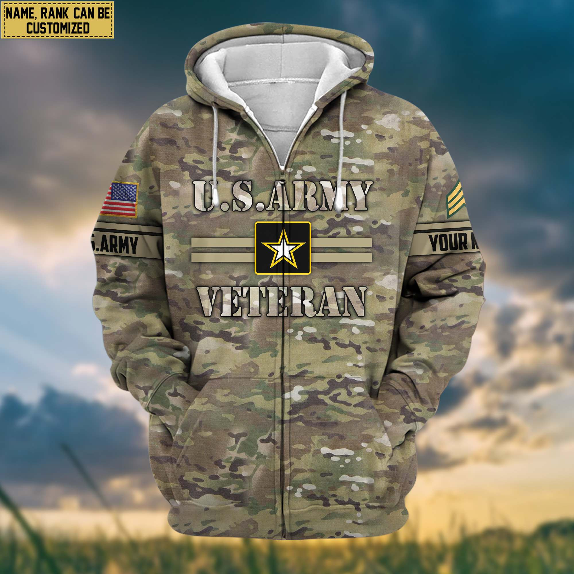 Premium US Army Veteran Zip Up Hoodie Custom Name, Rank, Gifts For Dad, For Husband, Gifts For US Army Veteran VPVC601301