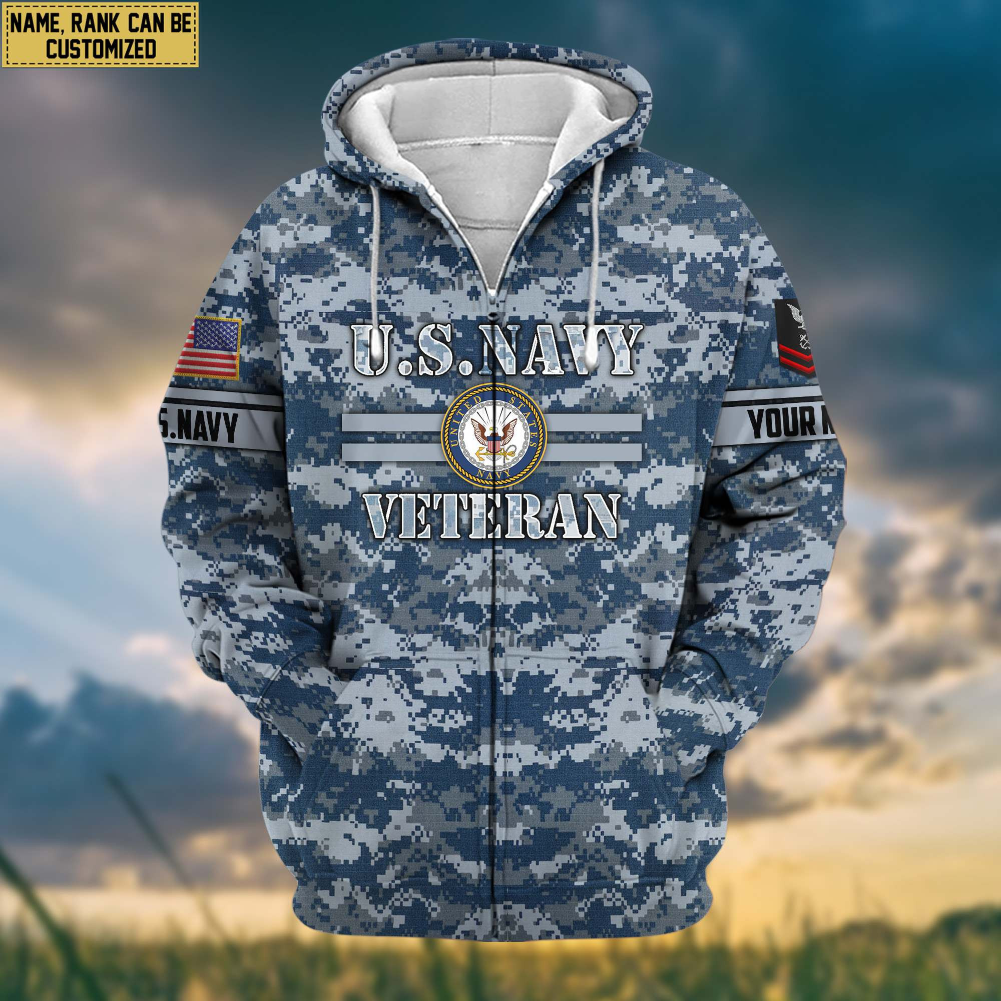 Premium US Navy Veteran Zip Up Hoodie Custom Name, Rank, Gifts For Dad, For Husband, Gifts For US Navy Veteran VPVC601302