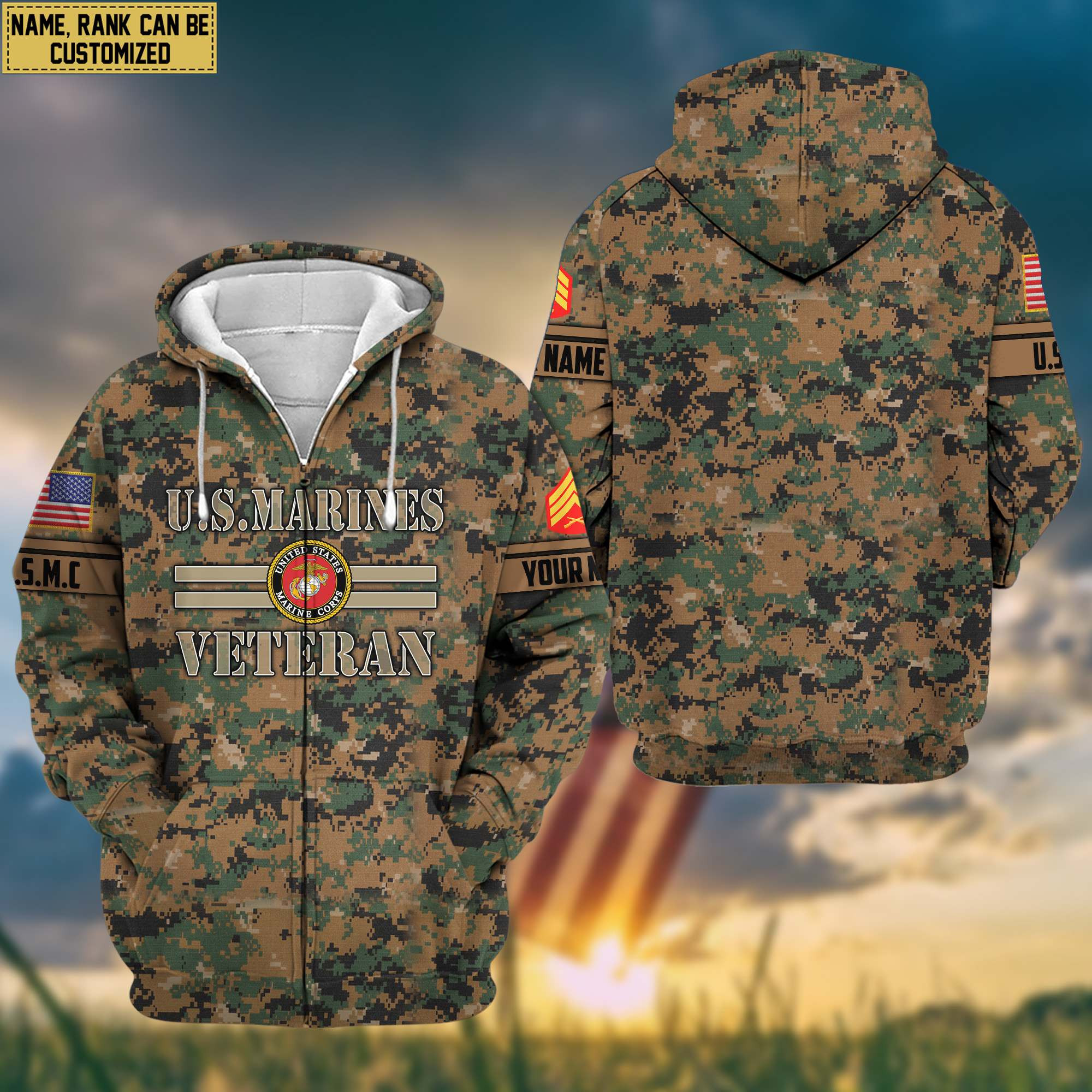 Premium USMC Veteran Zip Up Hoodie Custom Name, Rank, Gifts For Dad, For Husband, Gifts For US Marines Veteran VPVC601303