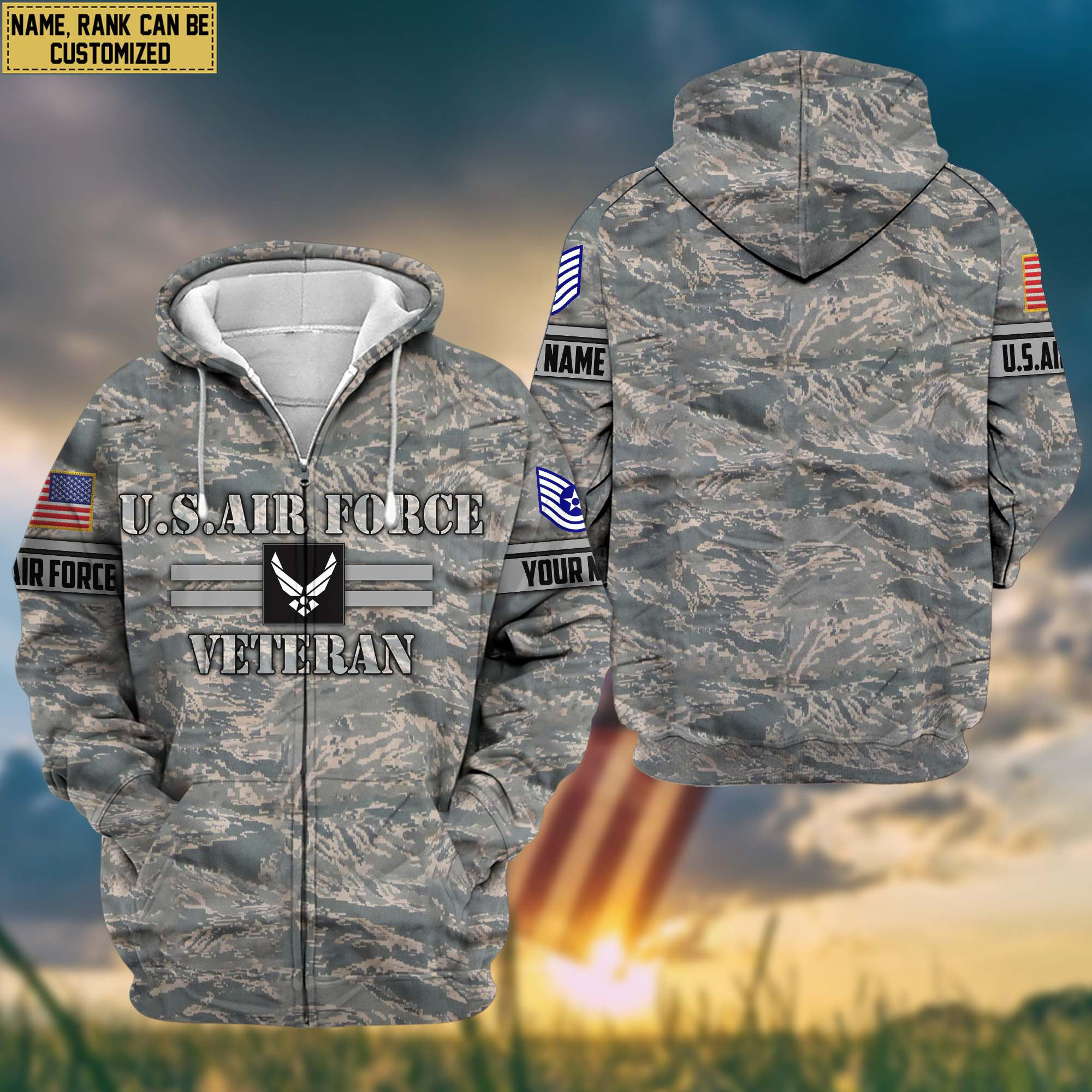 Premium USAF Veteran Zip Up Hoodie Custom Name, Rank, Gifts For Dad, For Husband, Gifts For US Air Force Veteran VPVC601304