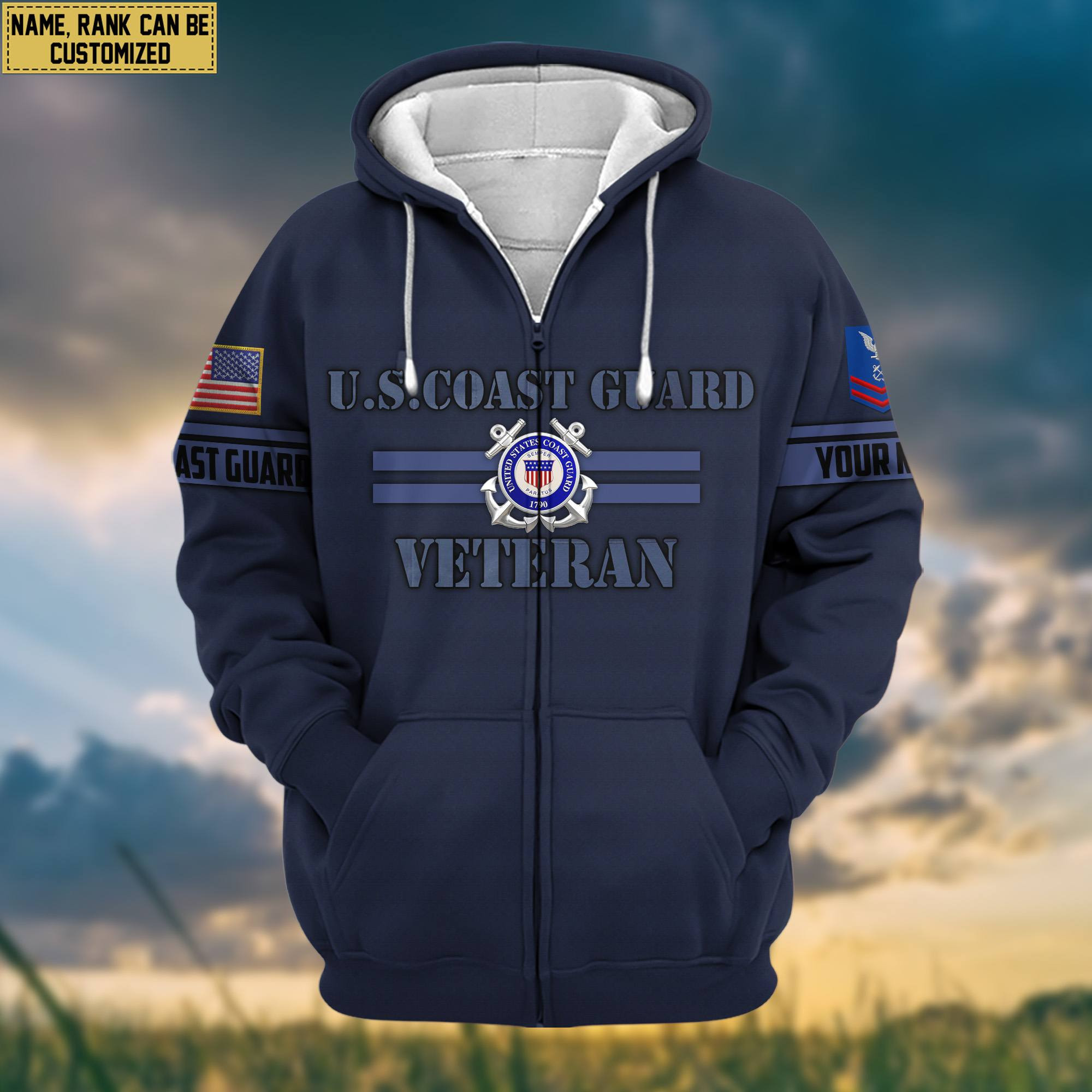 Premium USCG Veteran Zip Up Hoodie Custom Name, Rank, Gifts For Dad, For Husband, Gifts For US Coast Guard Veteran VPVC601305