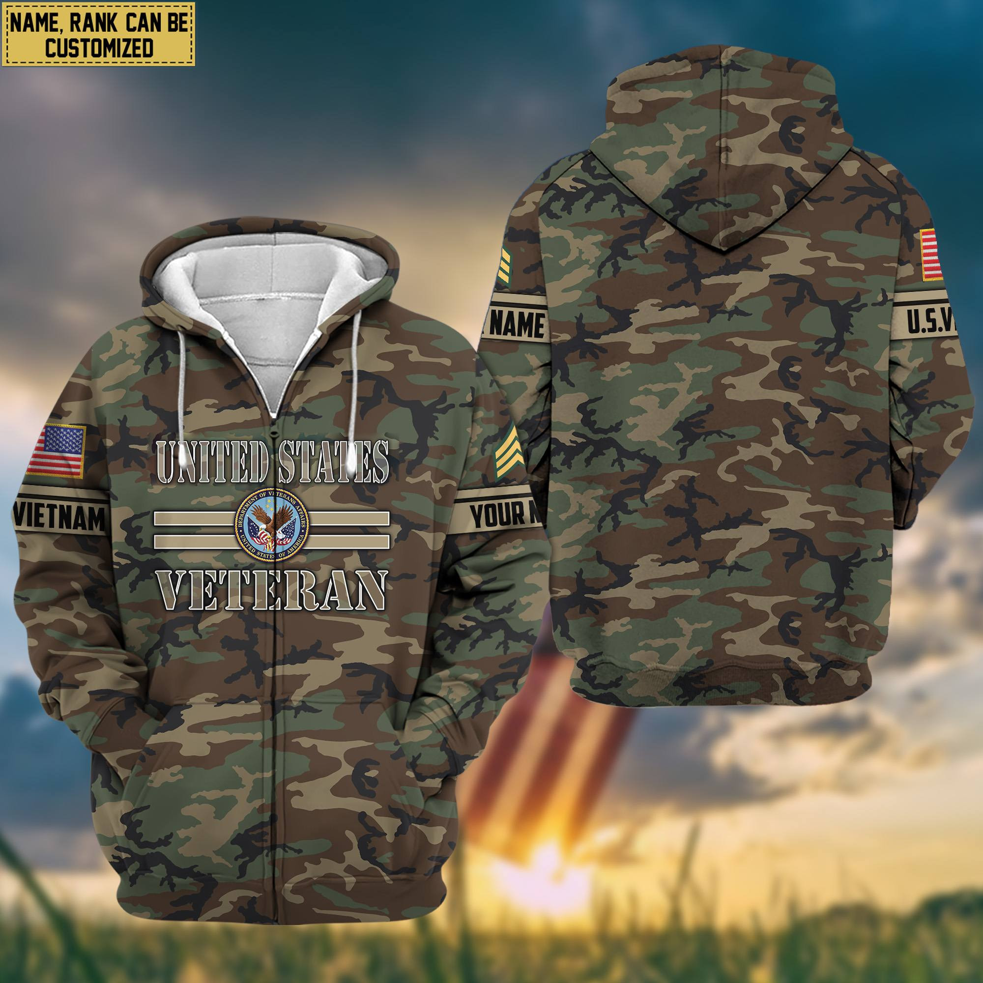 Premium US Veteran Zip Up Hoodie Custom Name, Rank, Gifts For Dad, For Husband, Gifts For US Veteran VPVC601307