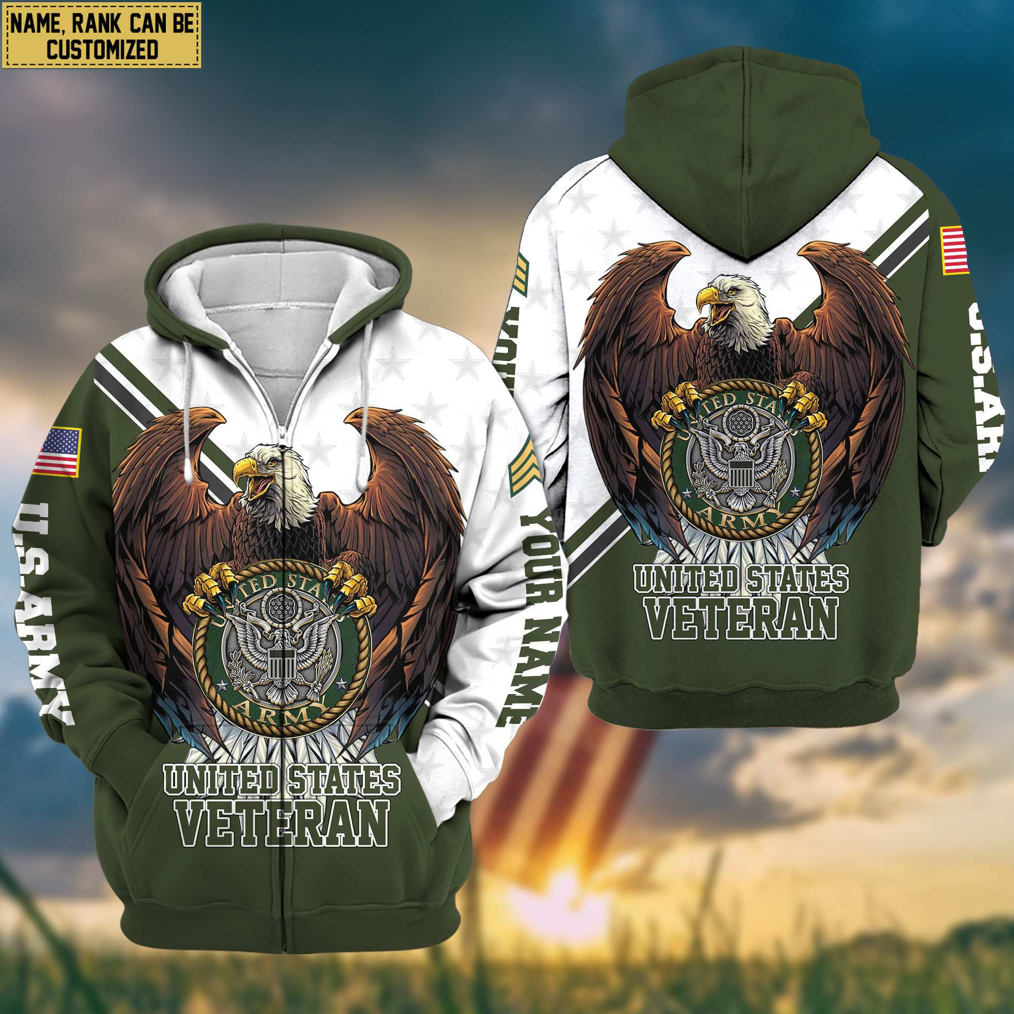 Premium US Army Zip Up Hoodie Custom Name, Rank, Gifts For US Army Veteran VPVC601401