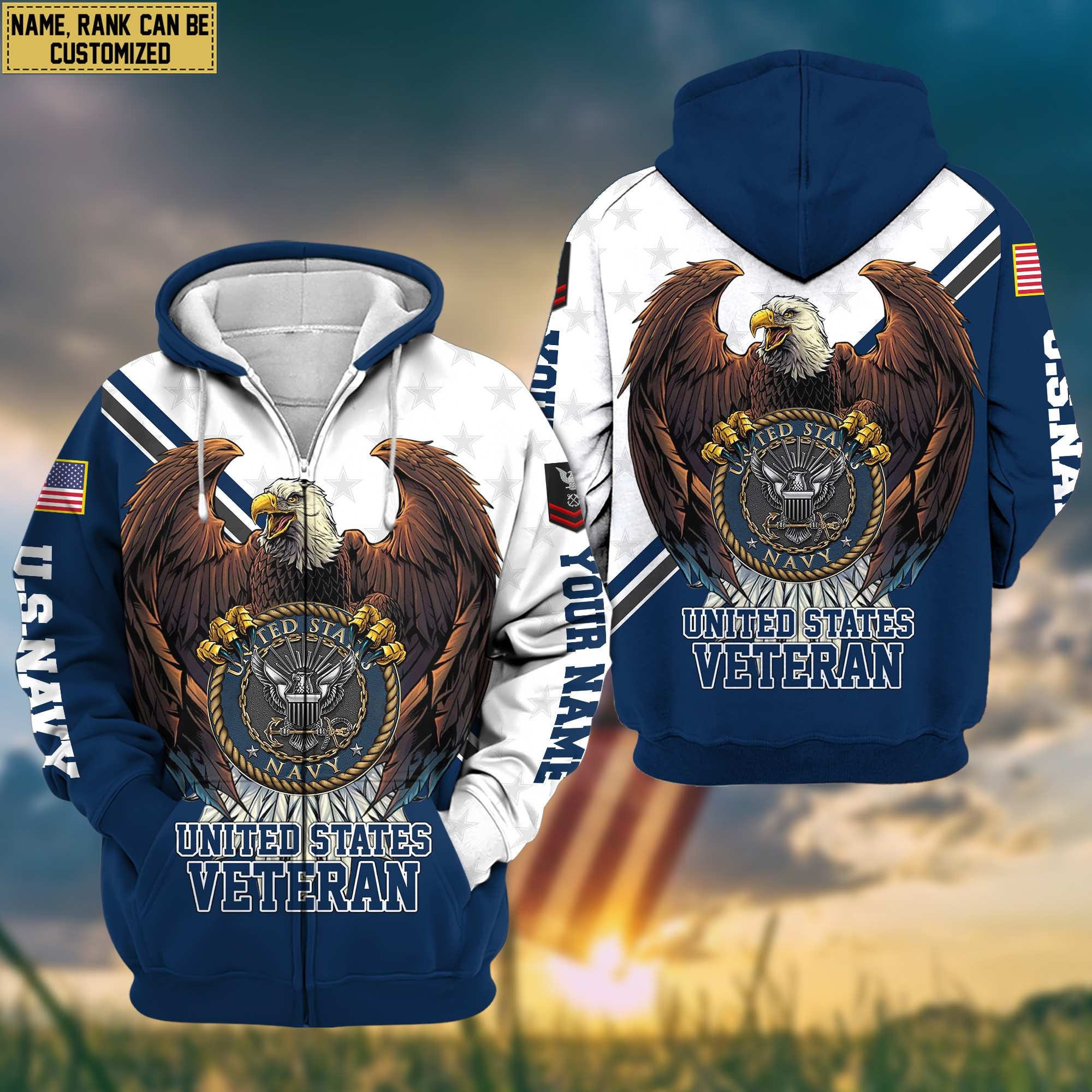 Premium US Navy Zip Up Hoodie Custom Name, Rank, Gifts For US Navy Veteran VPVC601402