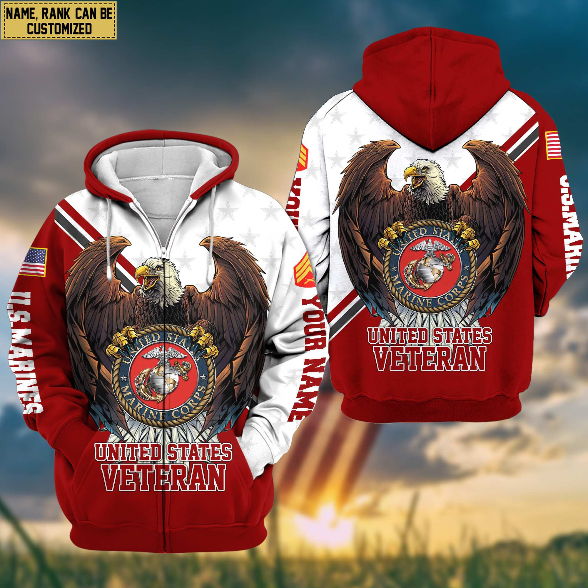 Premium USMC Zip Up Hoodie Custom Name, Rank, Gifts For US Marine Veteran VPVC601403