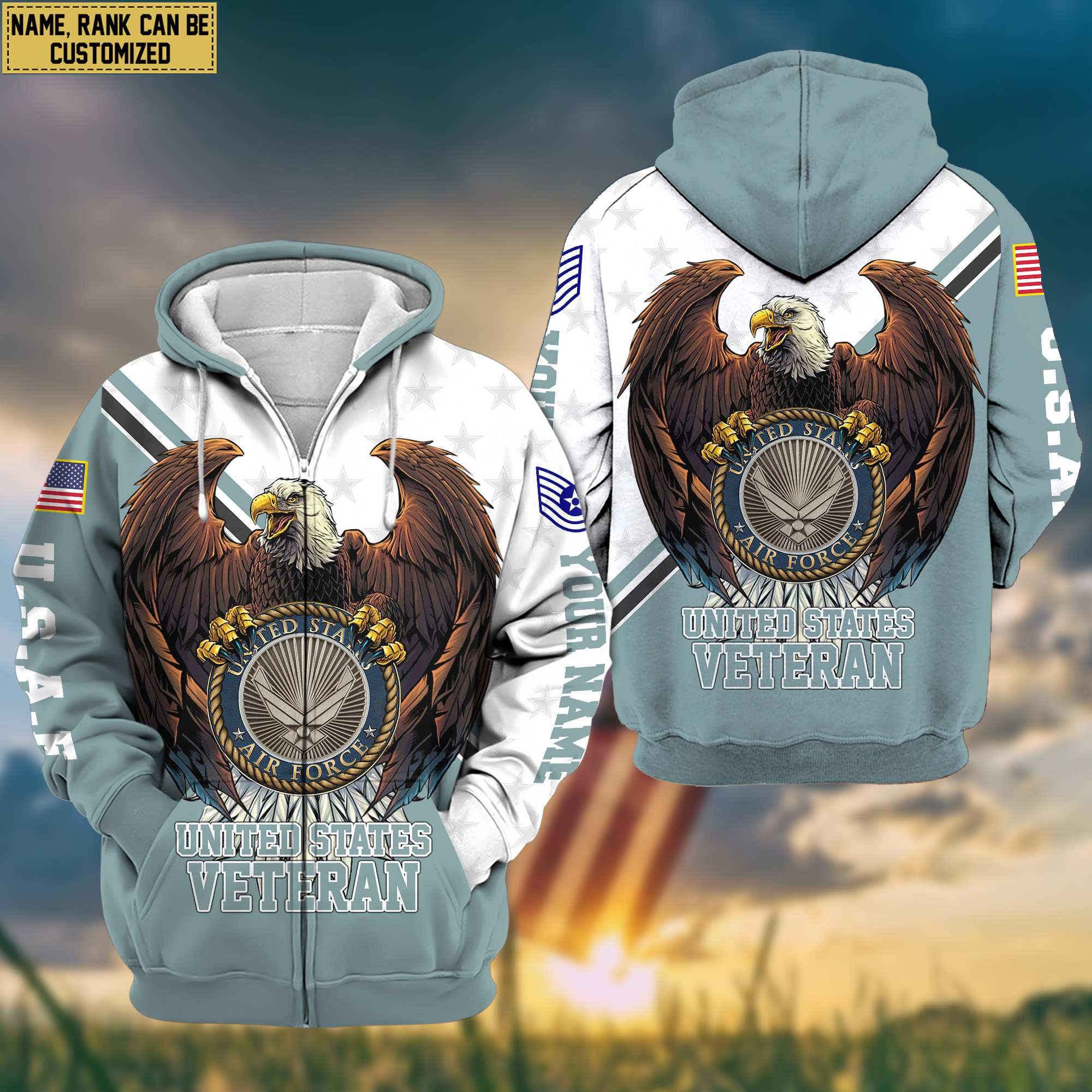 Premium USAF Zip Up Hoodie Custom Name, Rank, Gifts For US Air Force Veteran VPVC601404