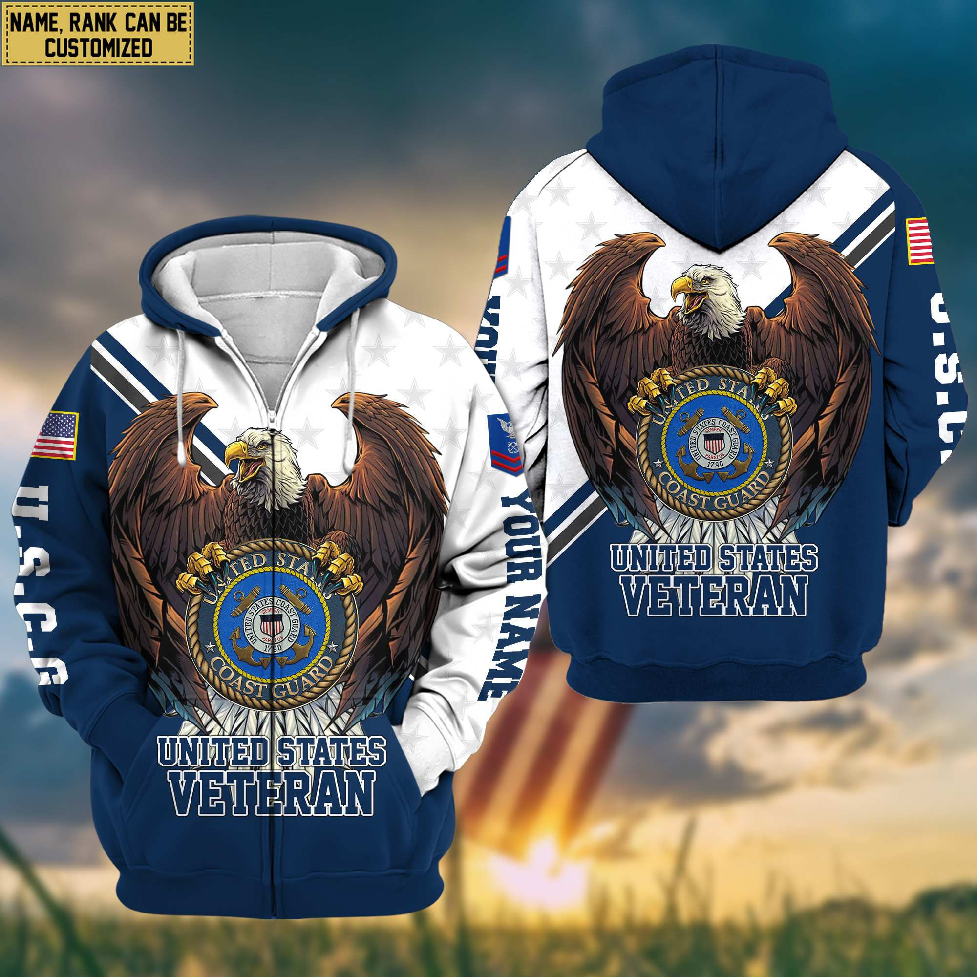Premium USCG Zip Up Hoodie Custom Name, Rank, Gifts For US Coast Guard Veteran VPVC601405