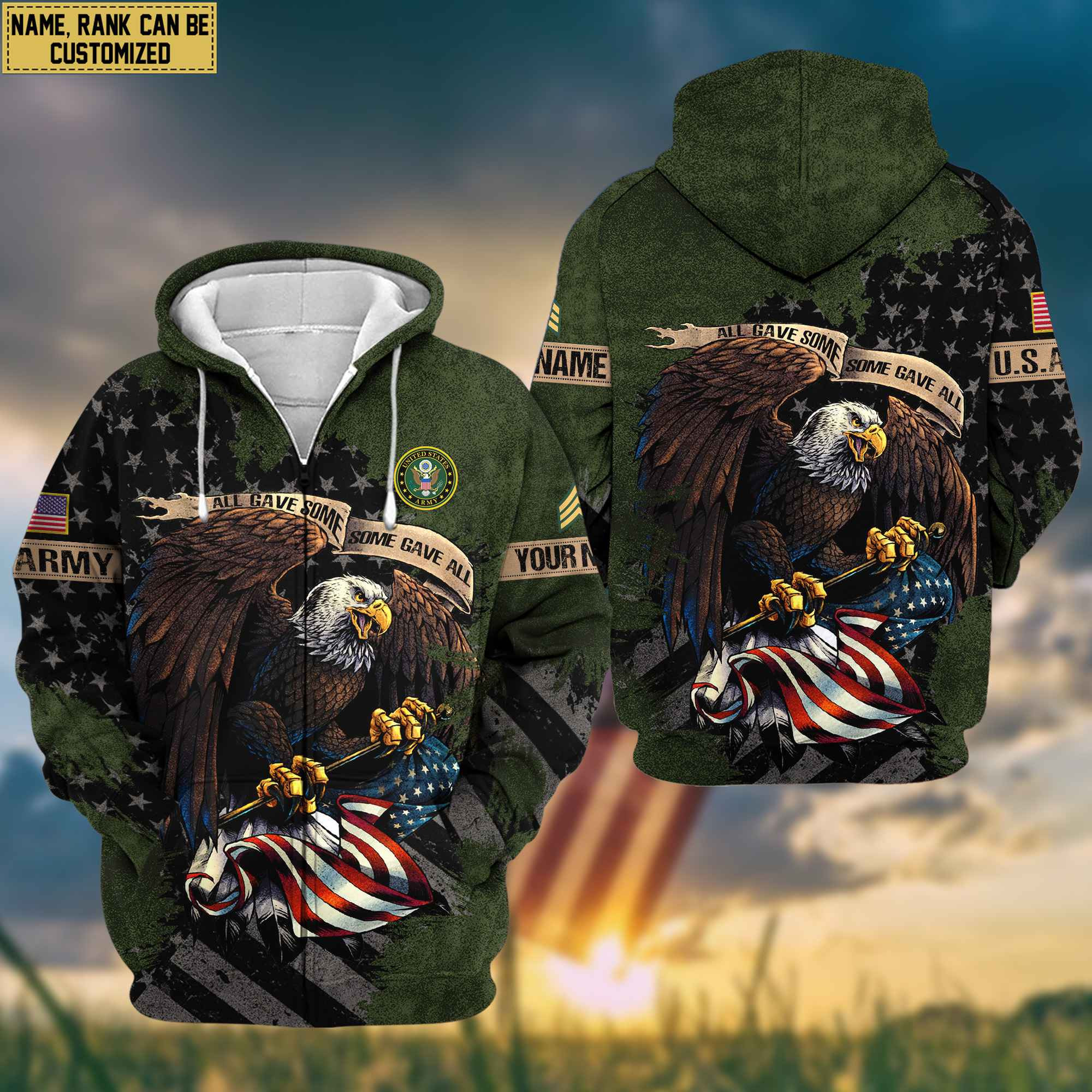 US Army Veteran Zip Up Hoodie Custom Name, Rank, Gifts For Army Veteran, Gifts For Dad, For Husband VPVC601501