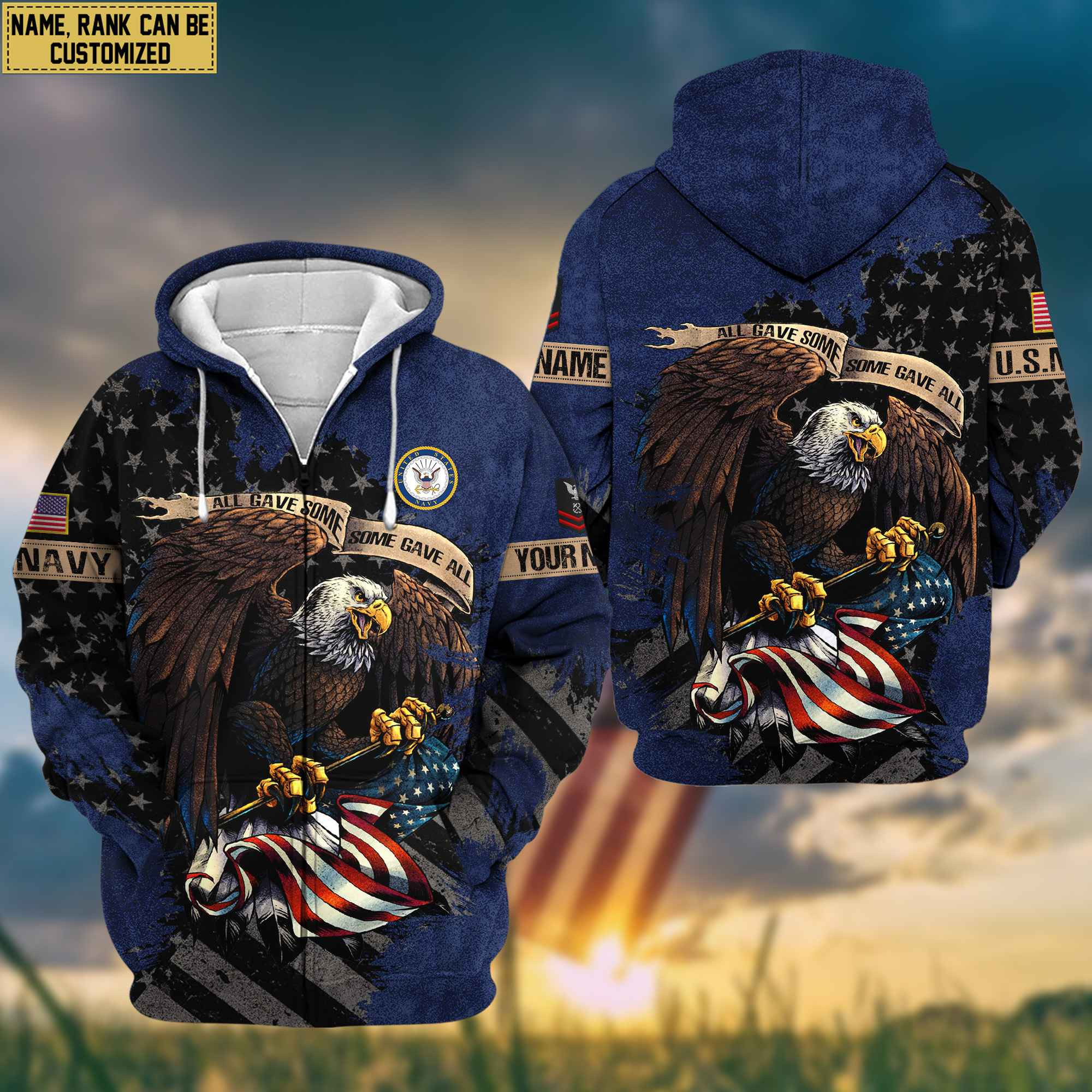 US Navy Veteran Zip Up Hoodie Custom Name, Rank, Gifts For Navy Veteran, Gifts For Dad, For Husband VPVC601502