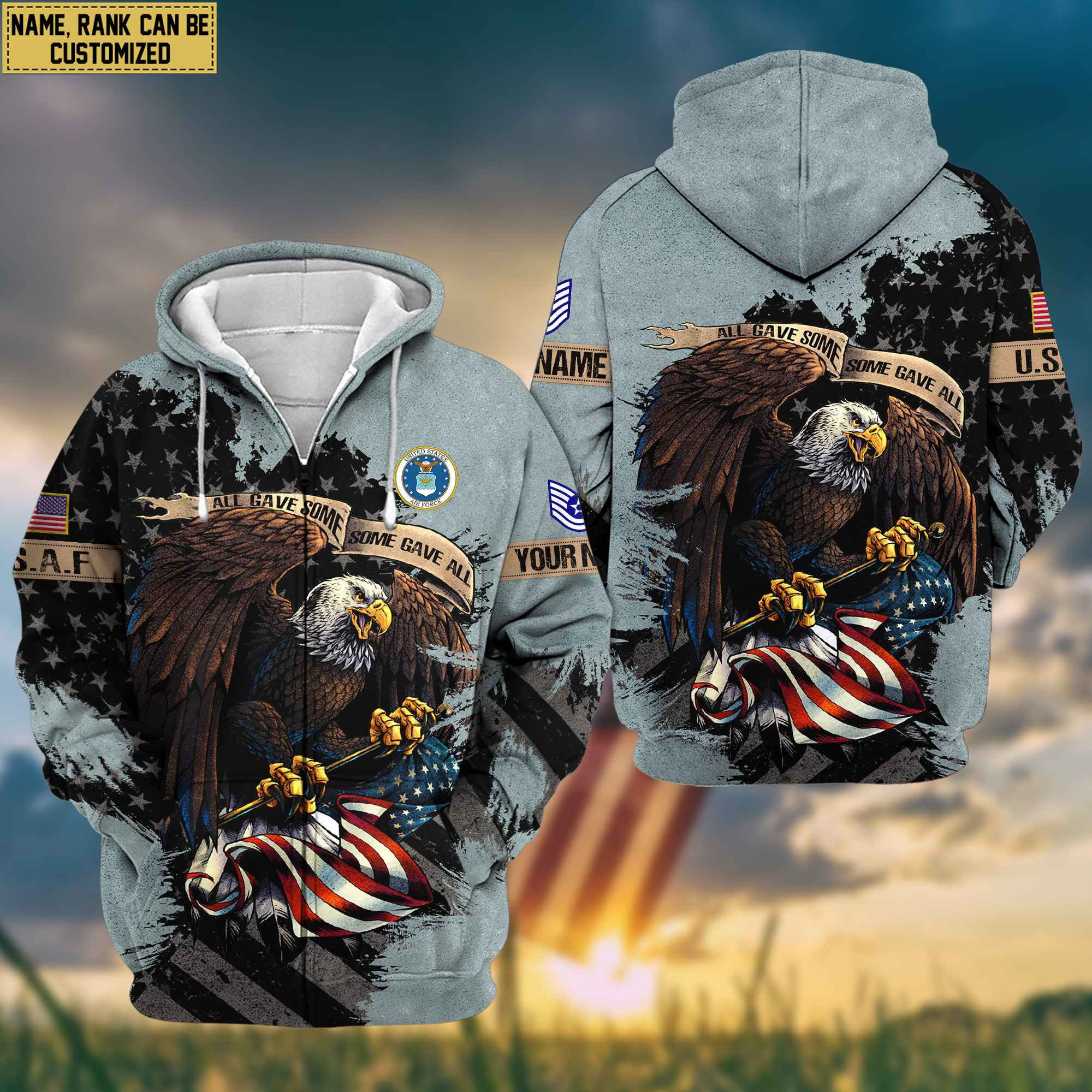 USAF Veteran Zip Up Hoodie Custom Name, Rank, Gifts For Air Force Veteran, Gifts For Dad, For Husband VPVC601504