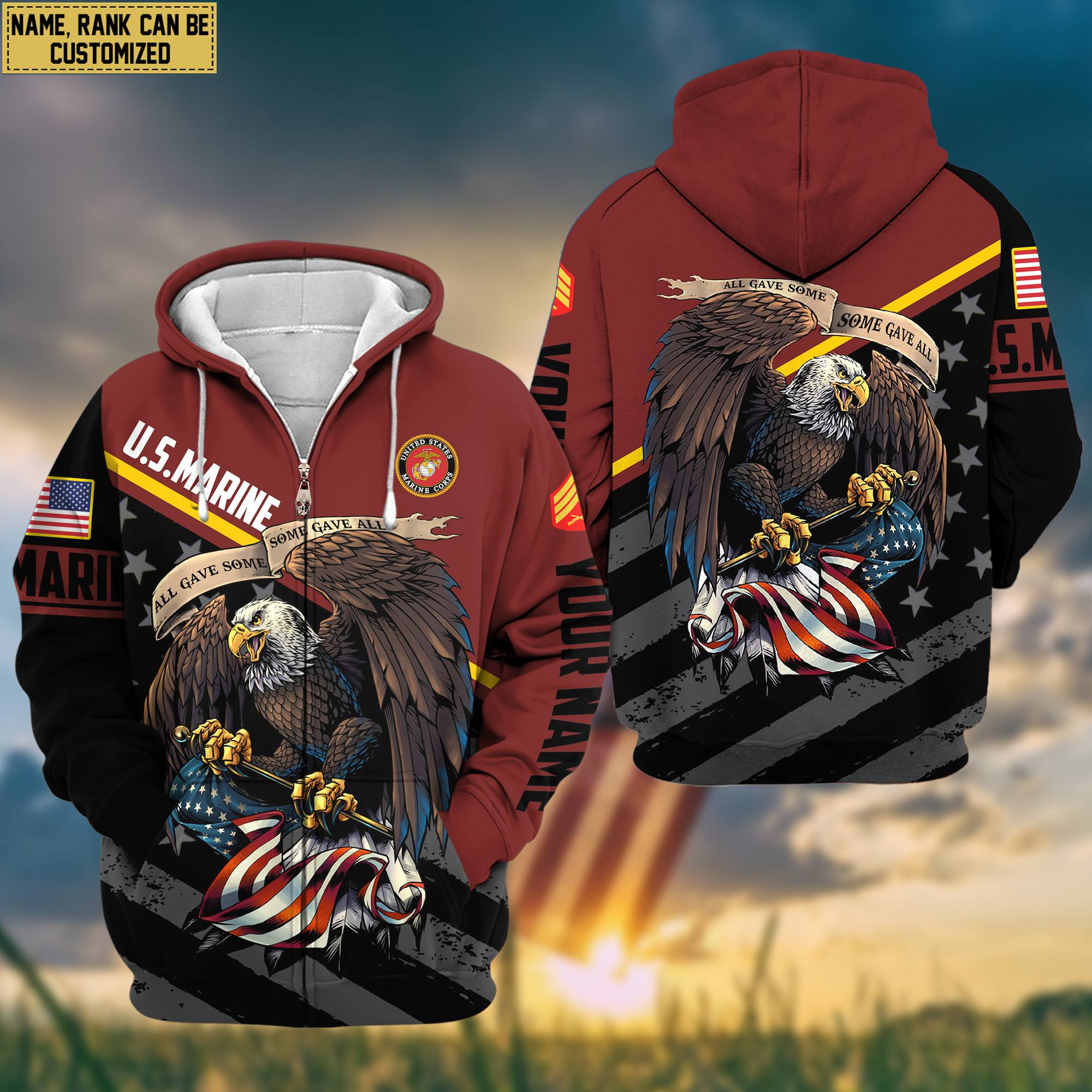 USMC Veteran Zip Up Hoodie Custom Name, Rank, Gifts For US Marine Veteran VPVC601603