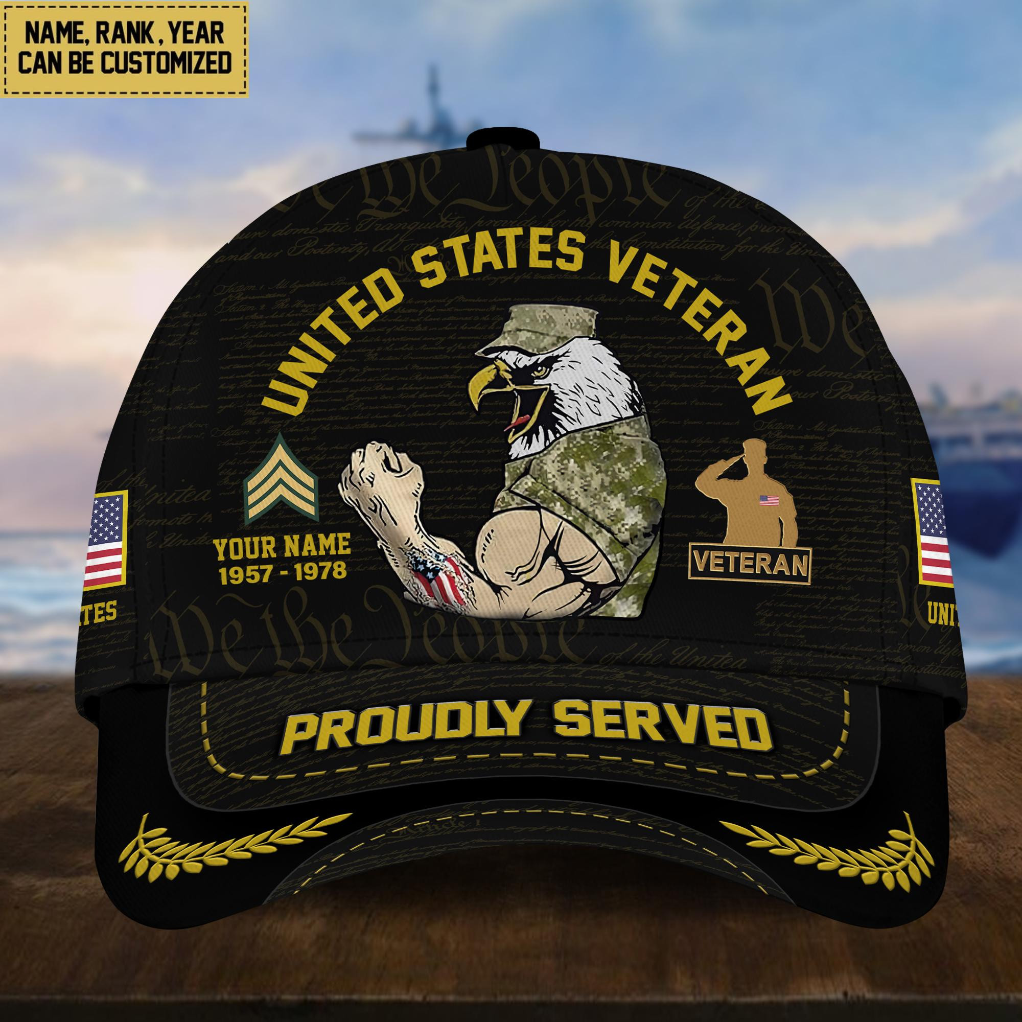 Premium Custom Name, Rank, Year US Veteran Cap, Gifts for US Veteran, Gifts for Dad, for Husband VPVC003507