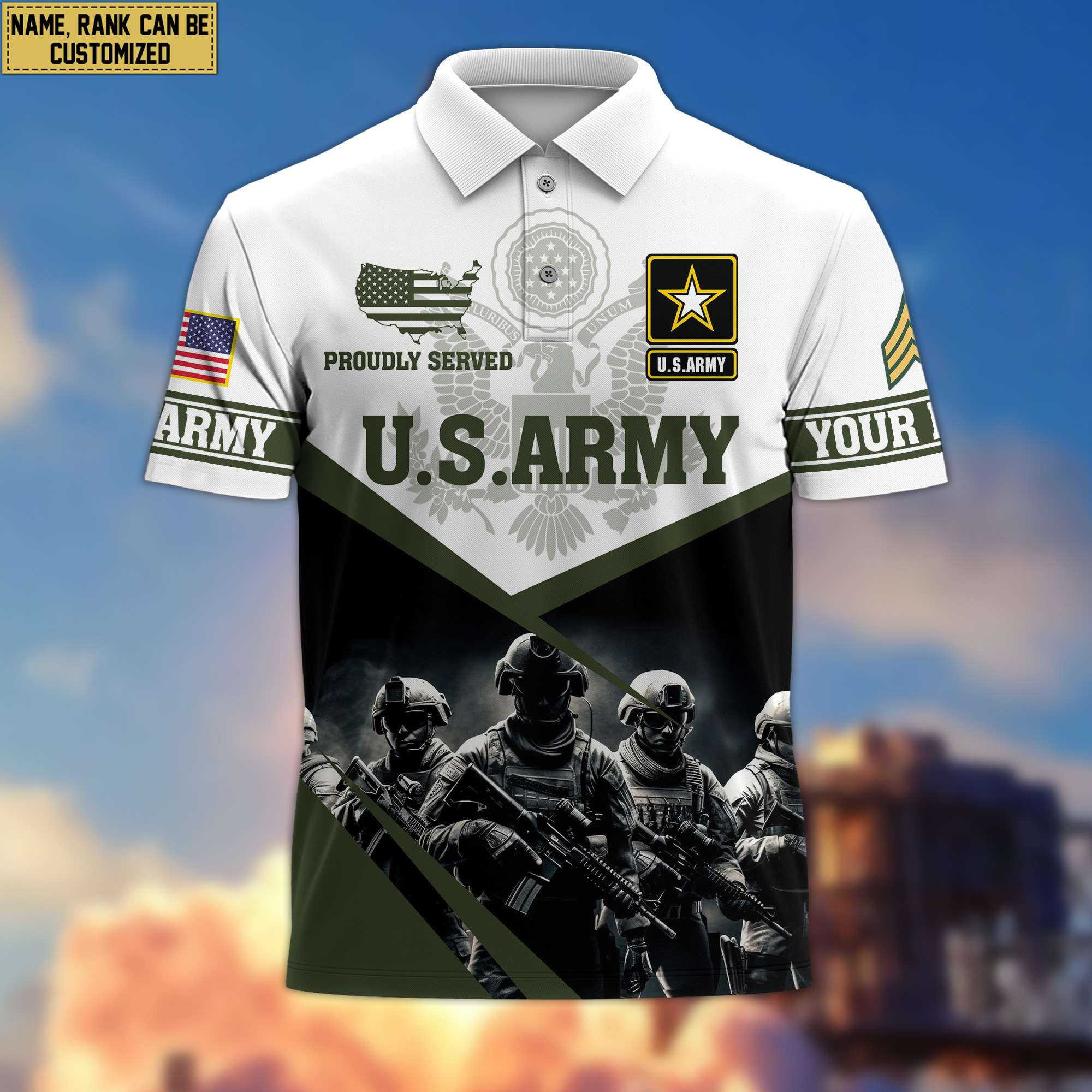 Premium US Army Polo Shirt, Custom Name, Rank Gift For Army Veteran VPVC204501