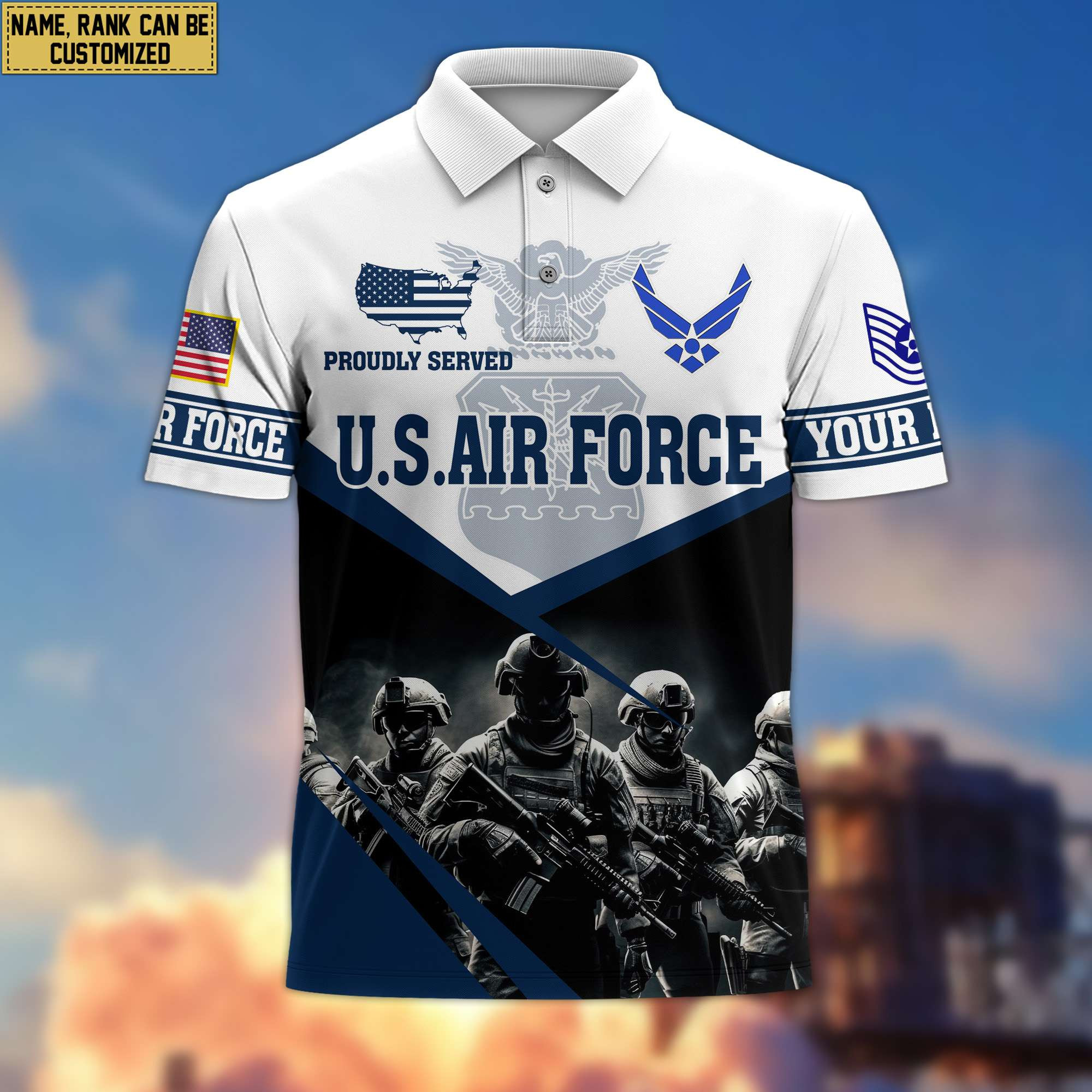 Premium USAF Polo Shirt, Custom Name, Rank Gift For Air Force Veteran VPVC204504