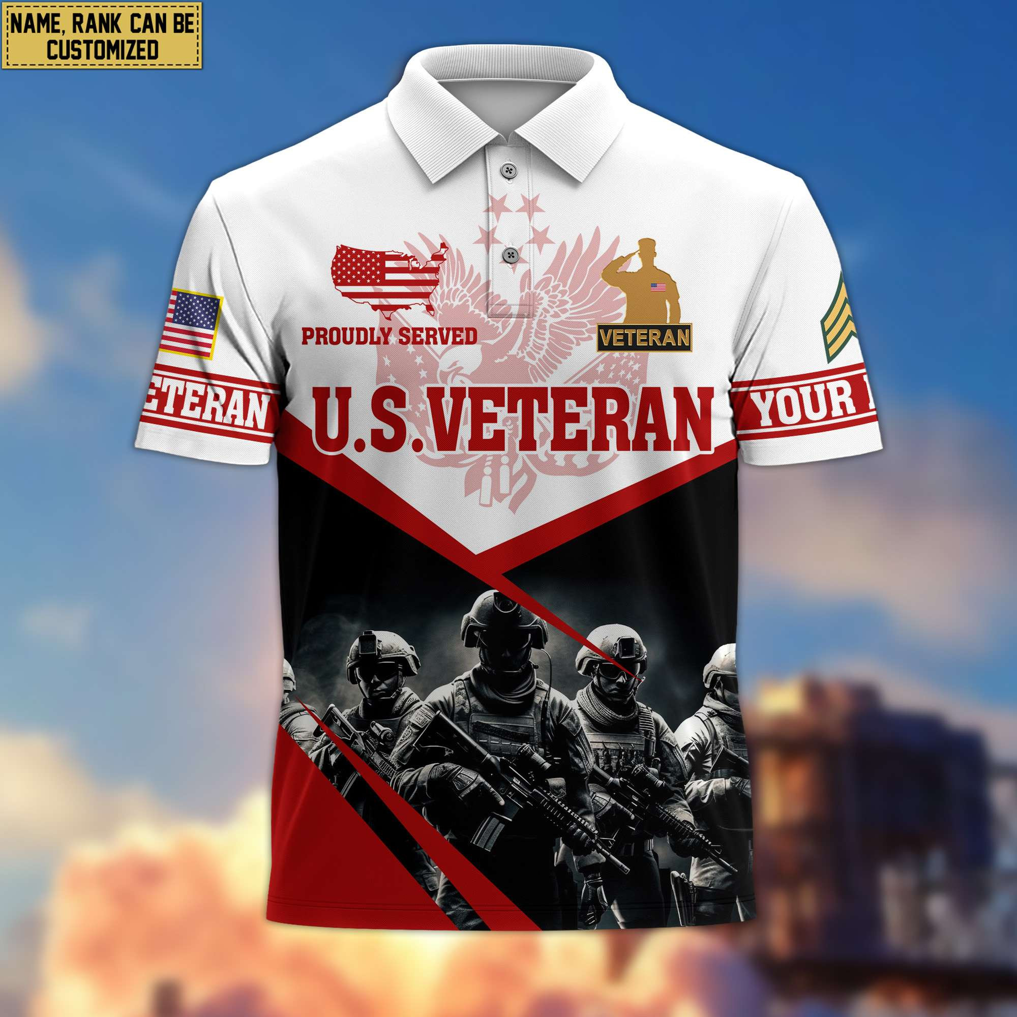 Premium US Veteran Polo Shirt, Custom Name, Rank Gift For US Veteran VPVC204507