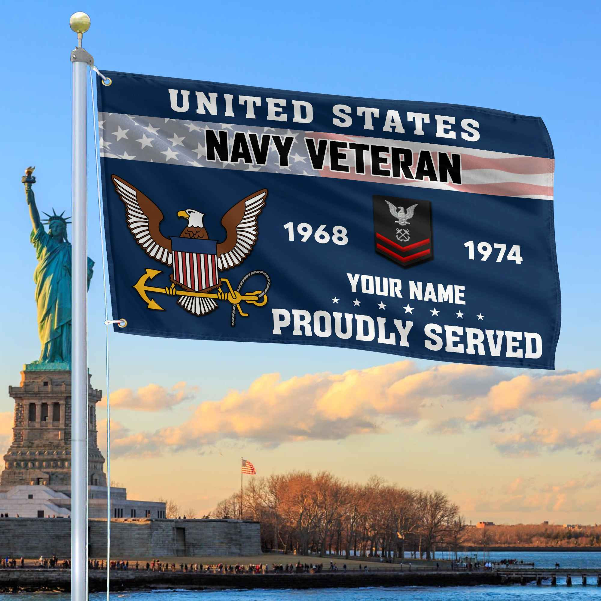 Premium US Navy Grommet Flag VPVC105502, Custom Name, Rank, Year, Gifts For Navy Veteran, Best Gifts On Father’s Day, Armed Forces Day, Independence Day, Veterans Day