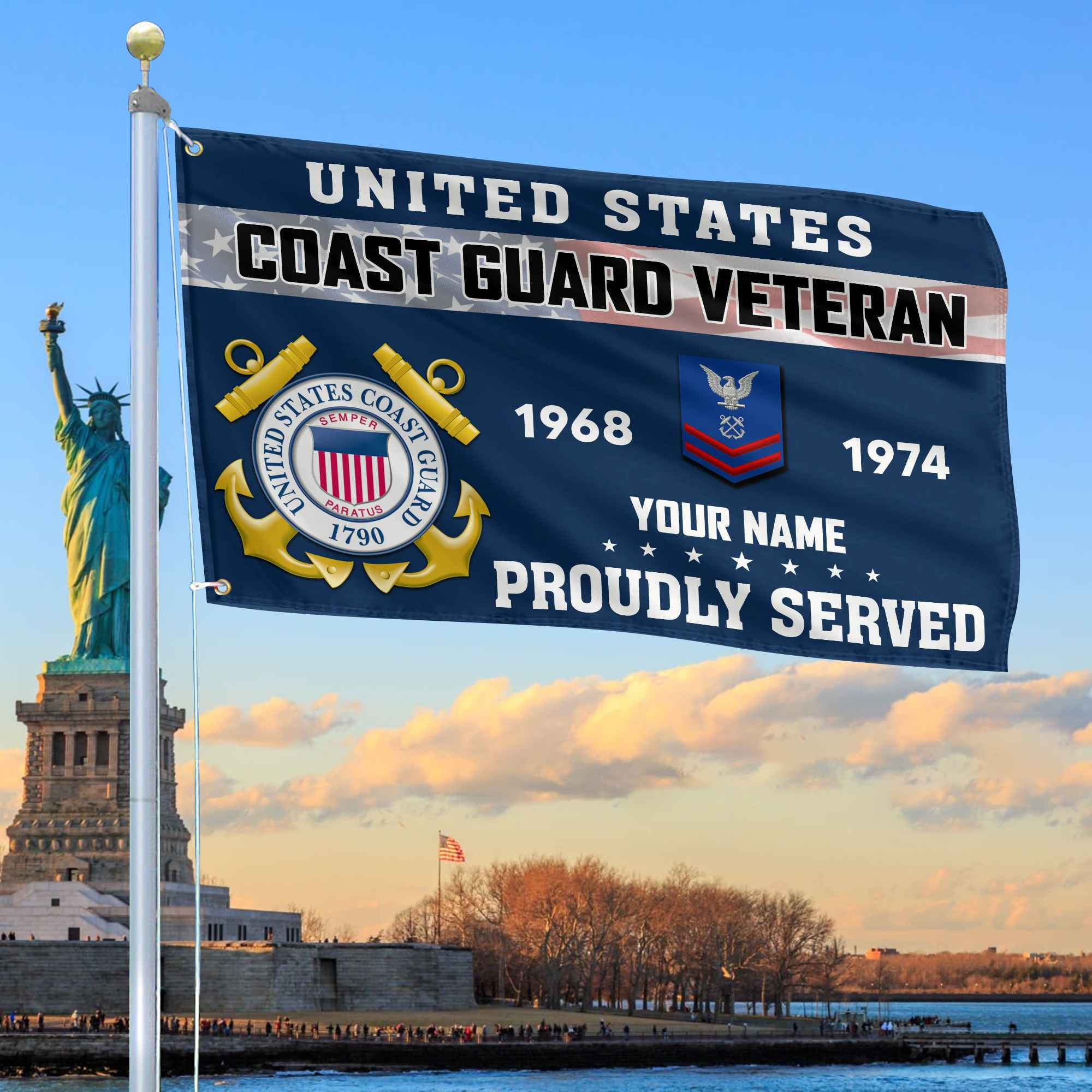 Premium USCG Grommet Flag VPVC105505, Custom Name, Rank, Year, Gifts For Coast Guard Veteran, Best Gifts On Father’s Day, Armed Forces Day, Independence Day, Veterans Day
