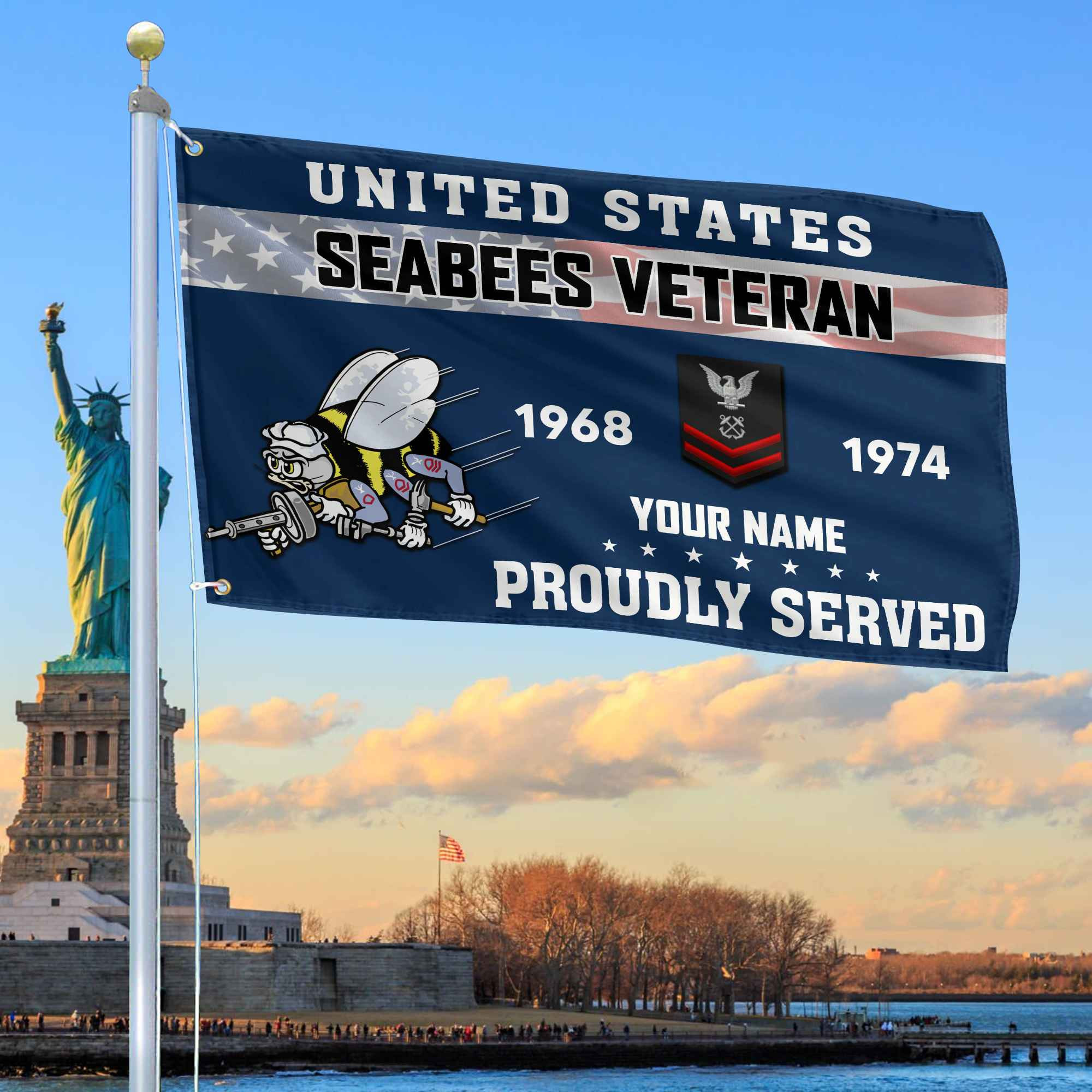 Premium US Seabees Grommet Flag VPVC105509, Custom Name, Rank, Year, Gifts For Seabees Veteran, Best Gifts On Father’s Day, Armed Forces Day, Independence Day, Veterans Day