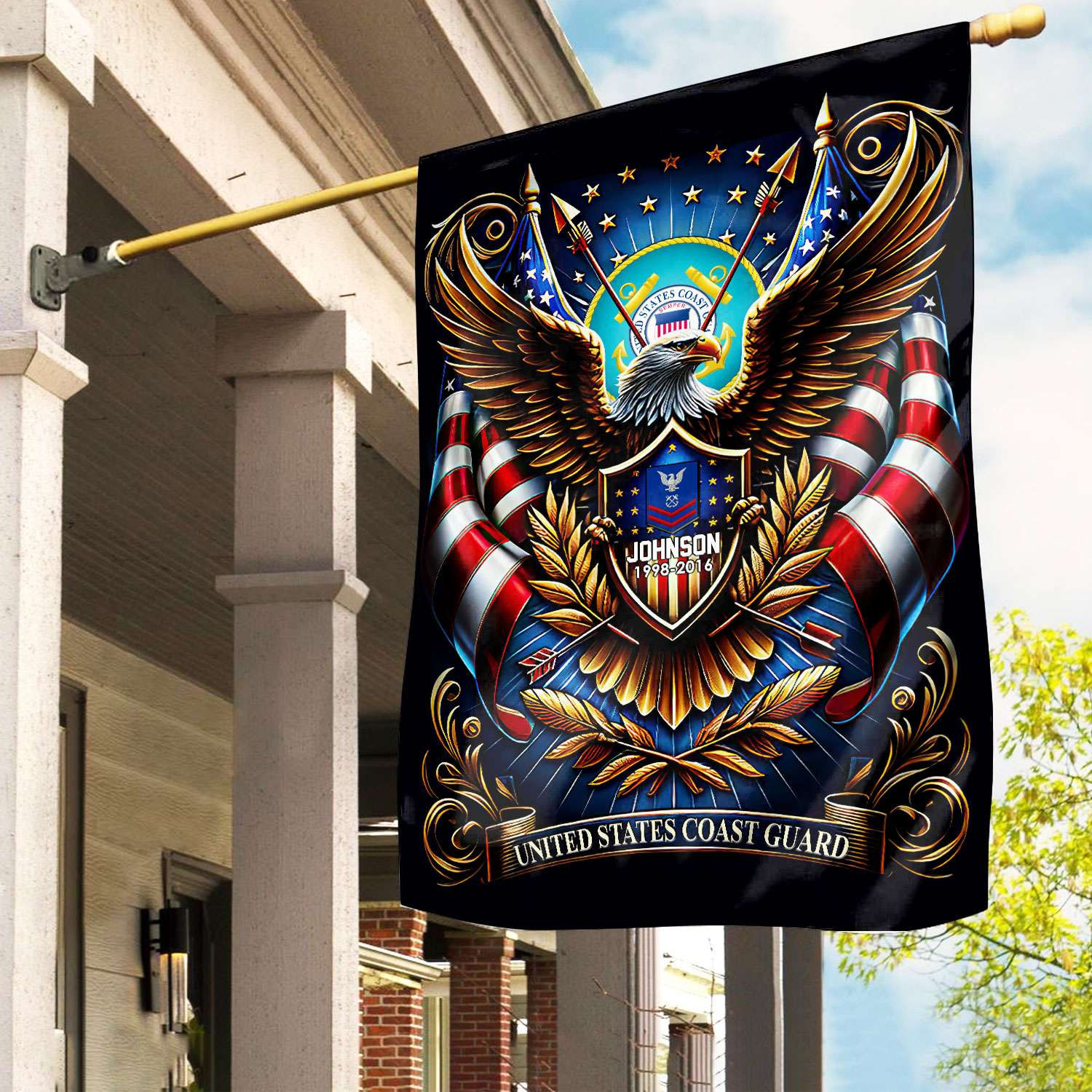 USCG Flag VPVC110405, Custom Name, Rank, Year, Gift For Coast Guard Veteran, American Flag, Patriotic Flag, Garden Flag, House Flag, Best Gifts On Father’s Day, Independence Day, Veterans Day
