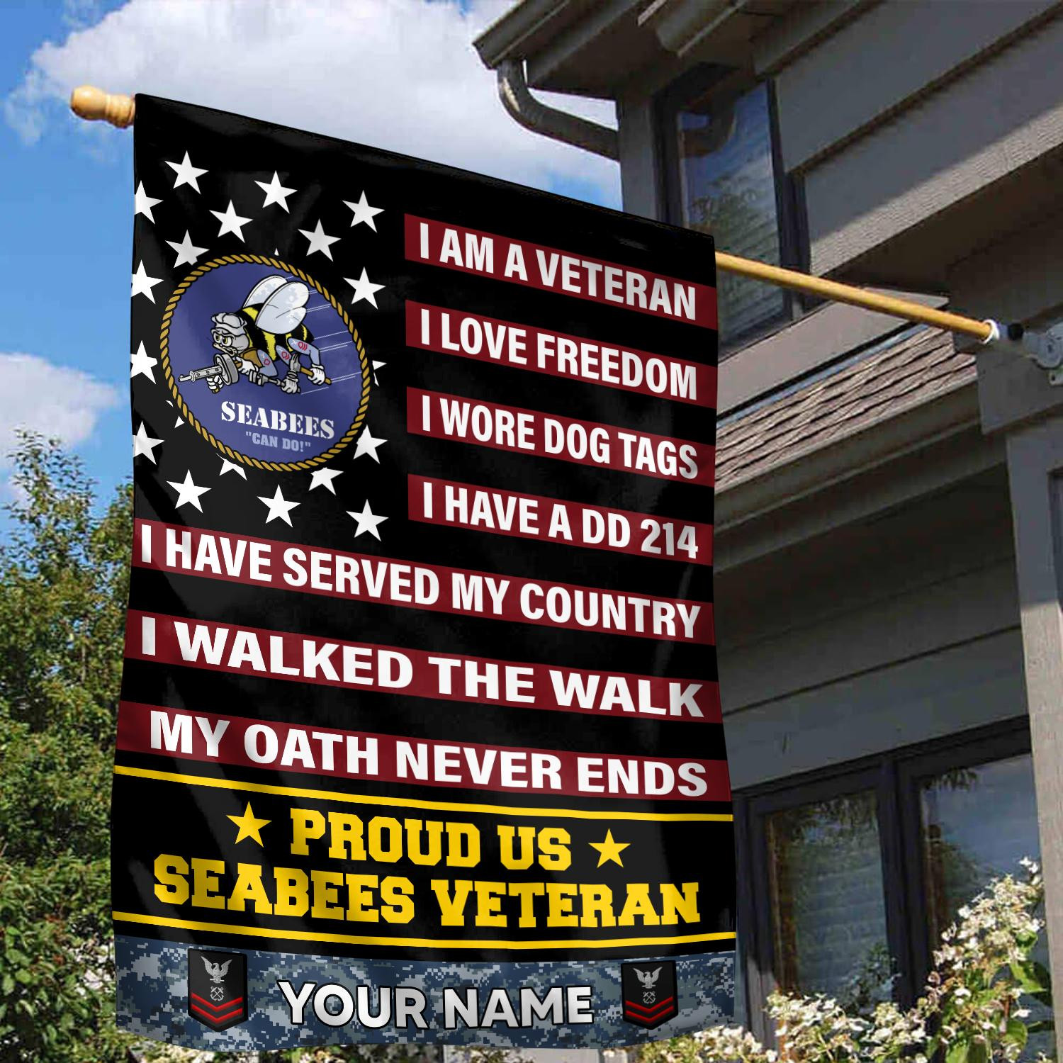 US Seabees Veteran Flag VPVC112009, Custom Name, Rank, Gift For Seabees Veteran, American Flag, Patriotic Flag, Garden Flag, House Flag