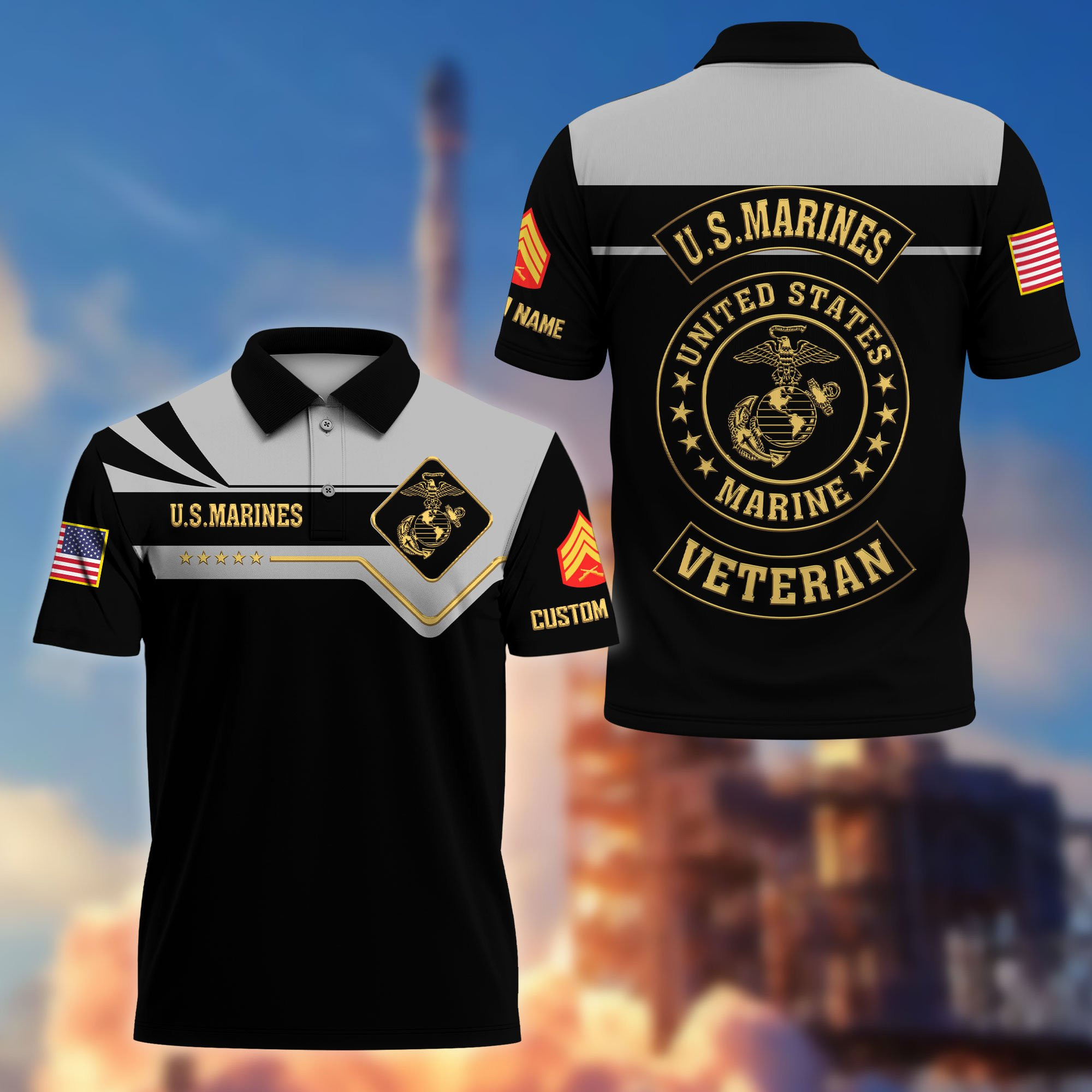 Premium USMC Polo Shirt VPVC218003, Custom Name, Rank, Gifts For Marine Veteran, Best Gifts On Father’s Day, Armed Forces Day, Independence Day, Veterans Day