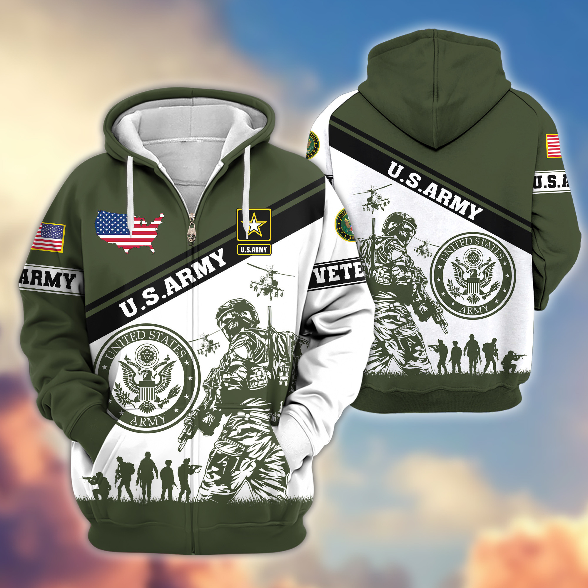 Premium US Army Zip Up Hoodie VPVC607301, Gifts For Army Veteran, Gifts On Father’s Day, Veterans Day