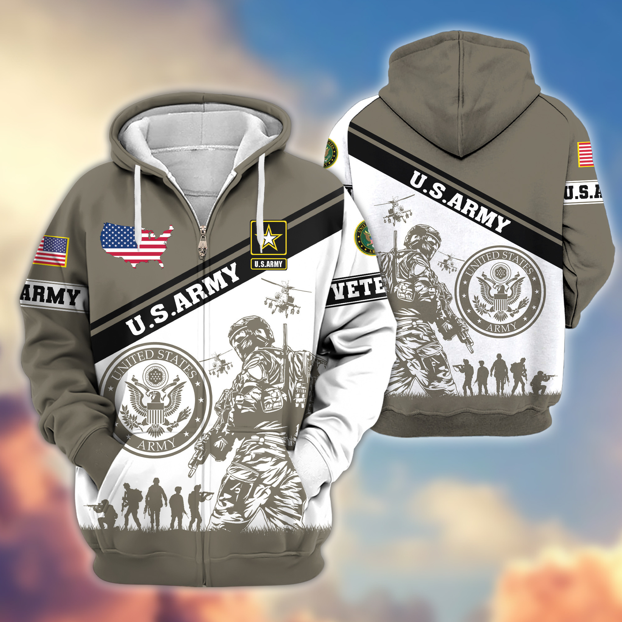 Premium US Army Zip Up Hoodie VPVC607310, Gifts For Army Veteran, Gifts On Father’s Day, Veterans Day