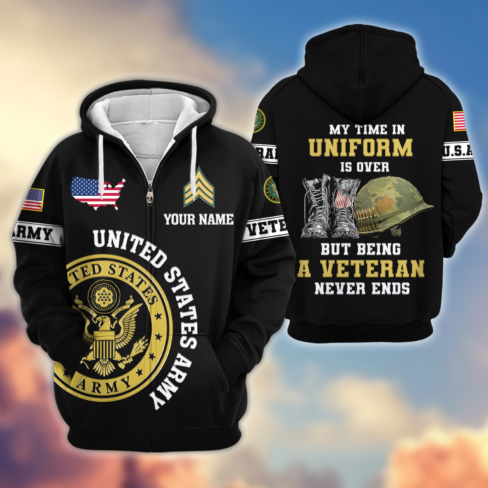 Premium Custom US Army Zip Up Hoodie VPVC607401, Gifts For Army Veteran, Gifts On Father’s Day, Veterans Day