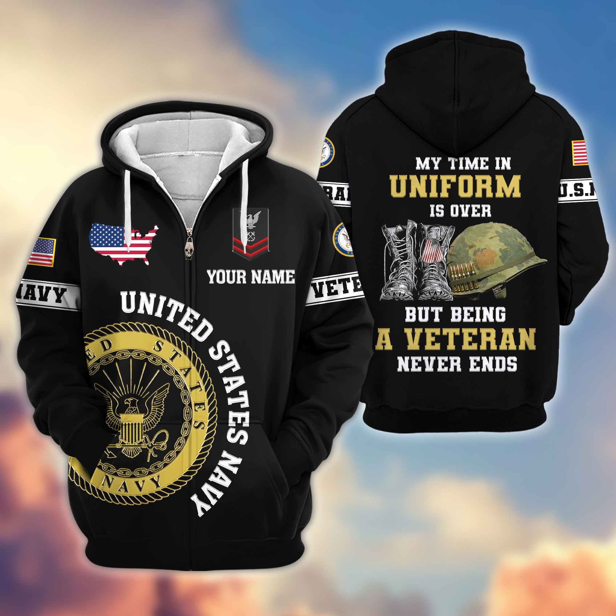 Premium Custom US Navy Zip Up Hoodie VPVC607402, Gifts For Navy Veteran, Gifts On Father’s Day, Veterans Day