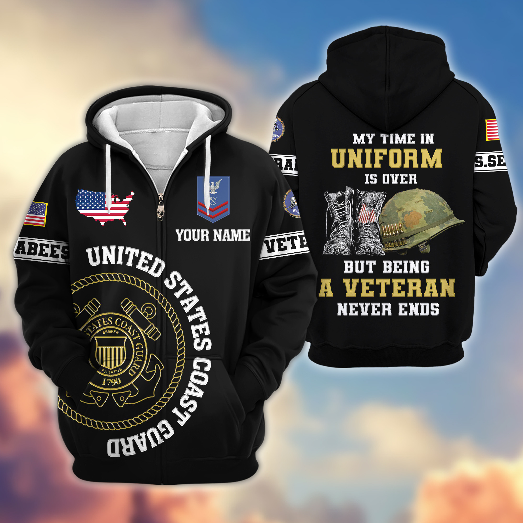 Premium Custom USCG Zip Up Hoodie VPVC607405, Gifts For Coast Guard Veteran, Gifts On Father’s Day, Veterans Day