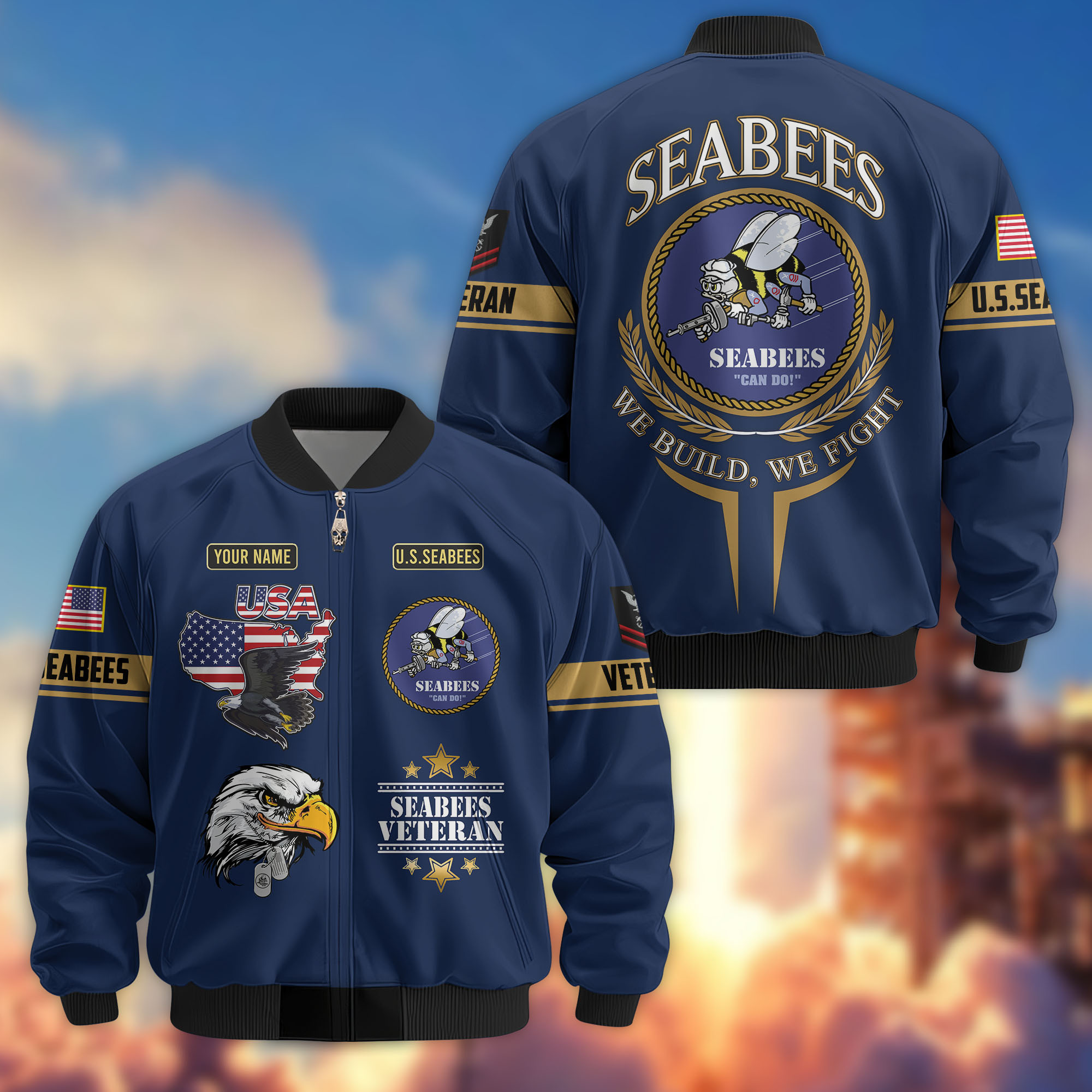 Premium Custom US Seabees Bomber Jacket VPVC802209, Gifts For Seabees Veteran, Gifts On Father’s Day, Veterans Day