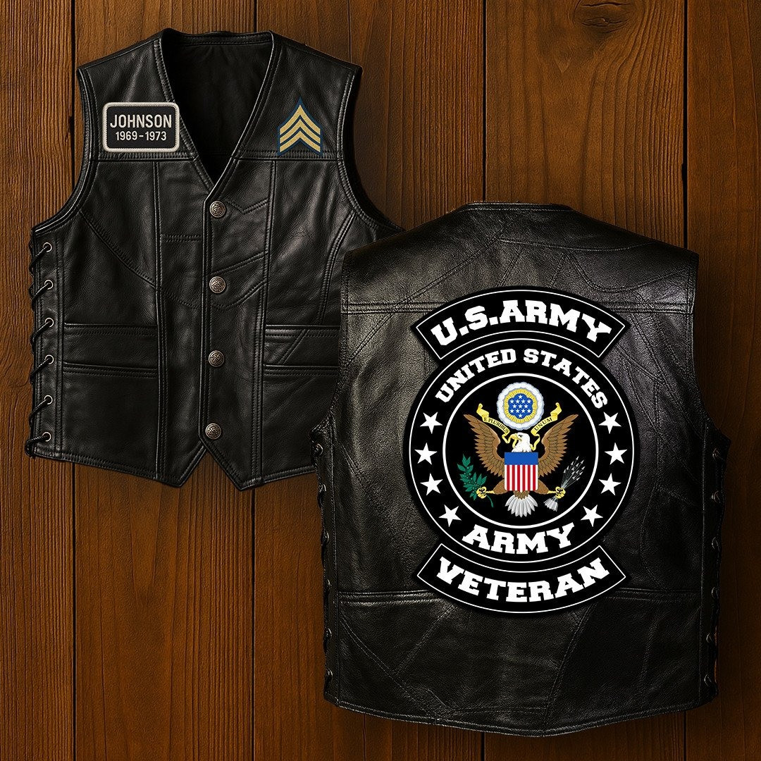 Premium Army Veterans Custom Leather Motor Vest VPVC702101, Gifts For Army Veteran, Gifts On Father’s Day, Veterans Day