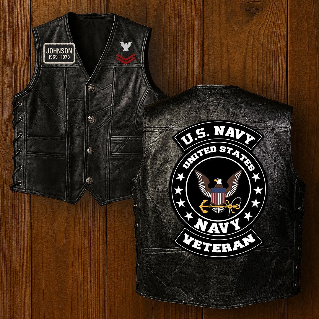 Premium Navy Veterans Custom Leather Motor Vest VPVC702102, Gifts For Navy Veteran, Gifts On Father’s Day, Veterans Day