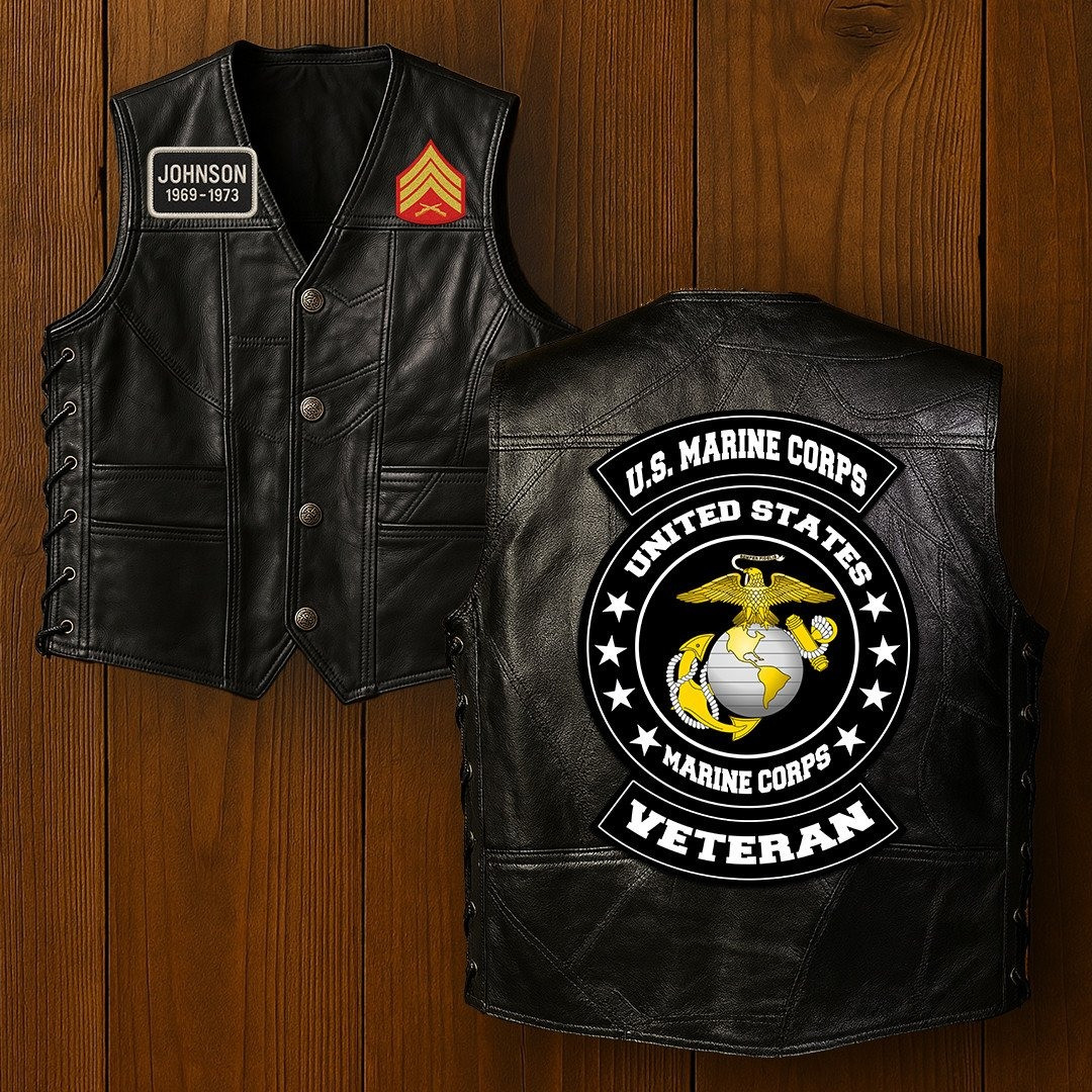 Premium USMC Veterans Custom Leather Motor Vest VPVC702103, Gifts For Marine Veteran, Gifts On Father’s Day, Veterans Day