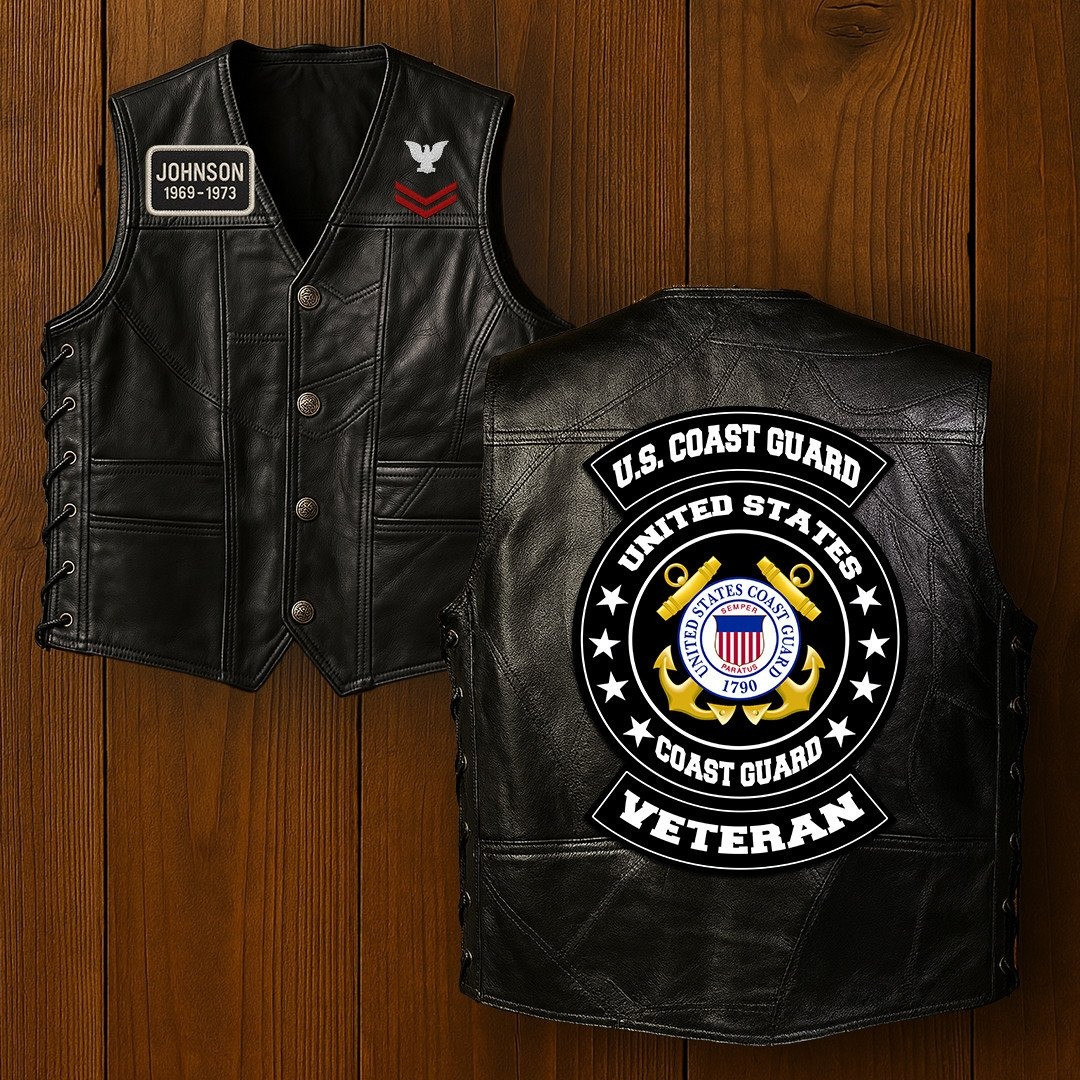 Premium USCG Veterans Custom Leather Motor Vest VPVC702105, Gifts For Coast Guard Veteran, Gifts On Father’s Day, Veterans Day