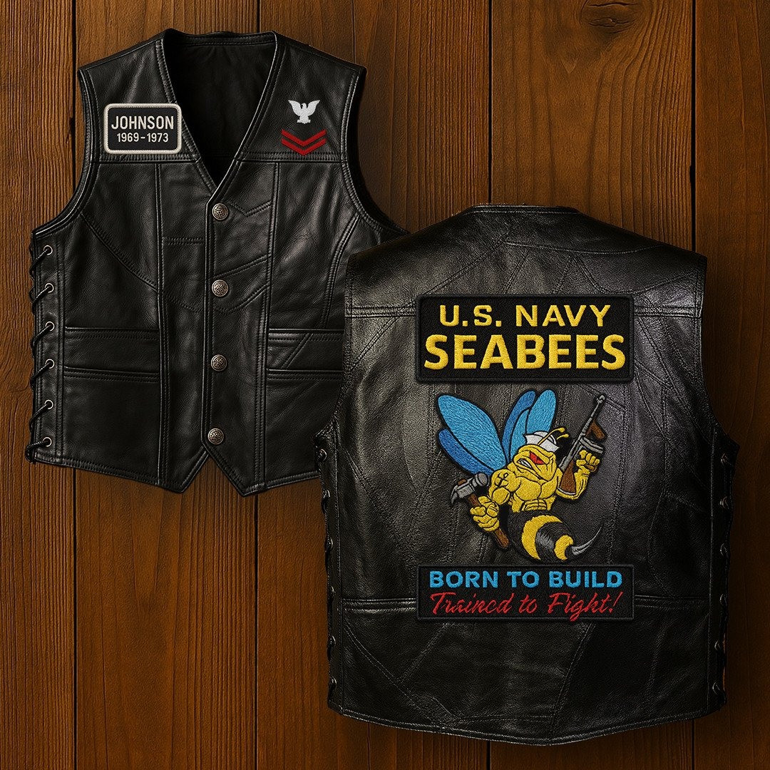 Premium US Seabees Veterans Custom Leather Motor Vest VPVC702106, Gifts For Seabees Veteran, Gifts On Father’s Day, Veterans Day