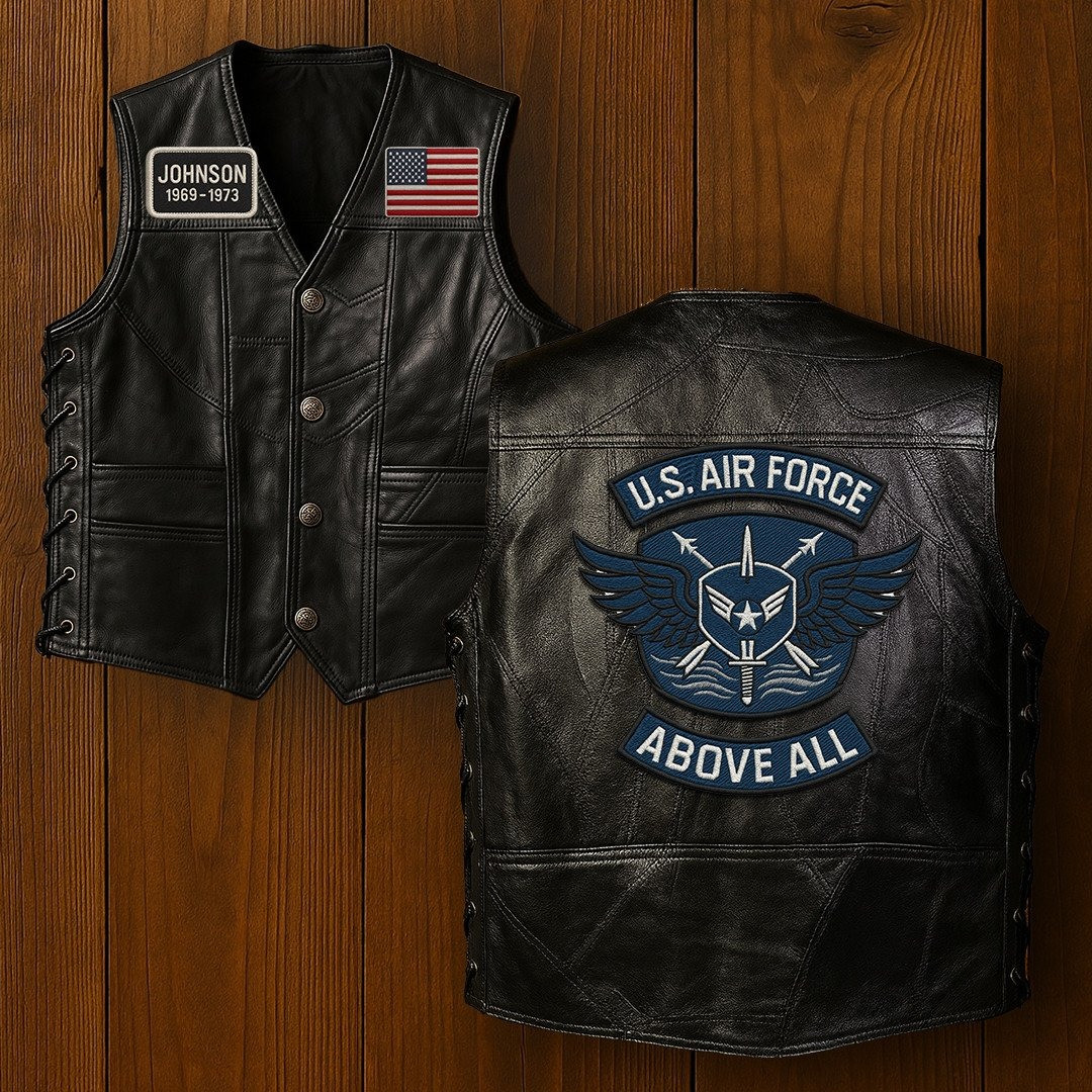 Premium USAF Veterans Custom Leather Motor Vest VPVC702107, Gifts For Air Force Veteran, Gifts On Father’s Day, Veterans Day