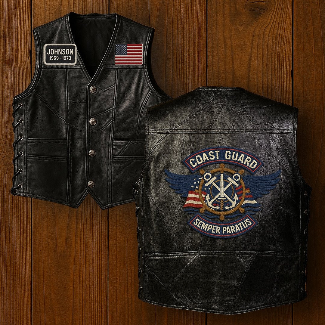 Premium USCG Veterans Custom Leather Motor Vest VPVC702110, Gifts For Coast Guard Veteran, Gifts On Father’s Day, Veterans Day