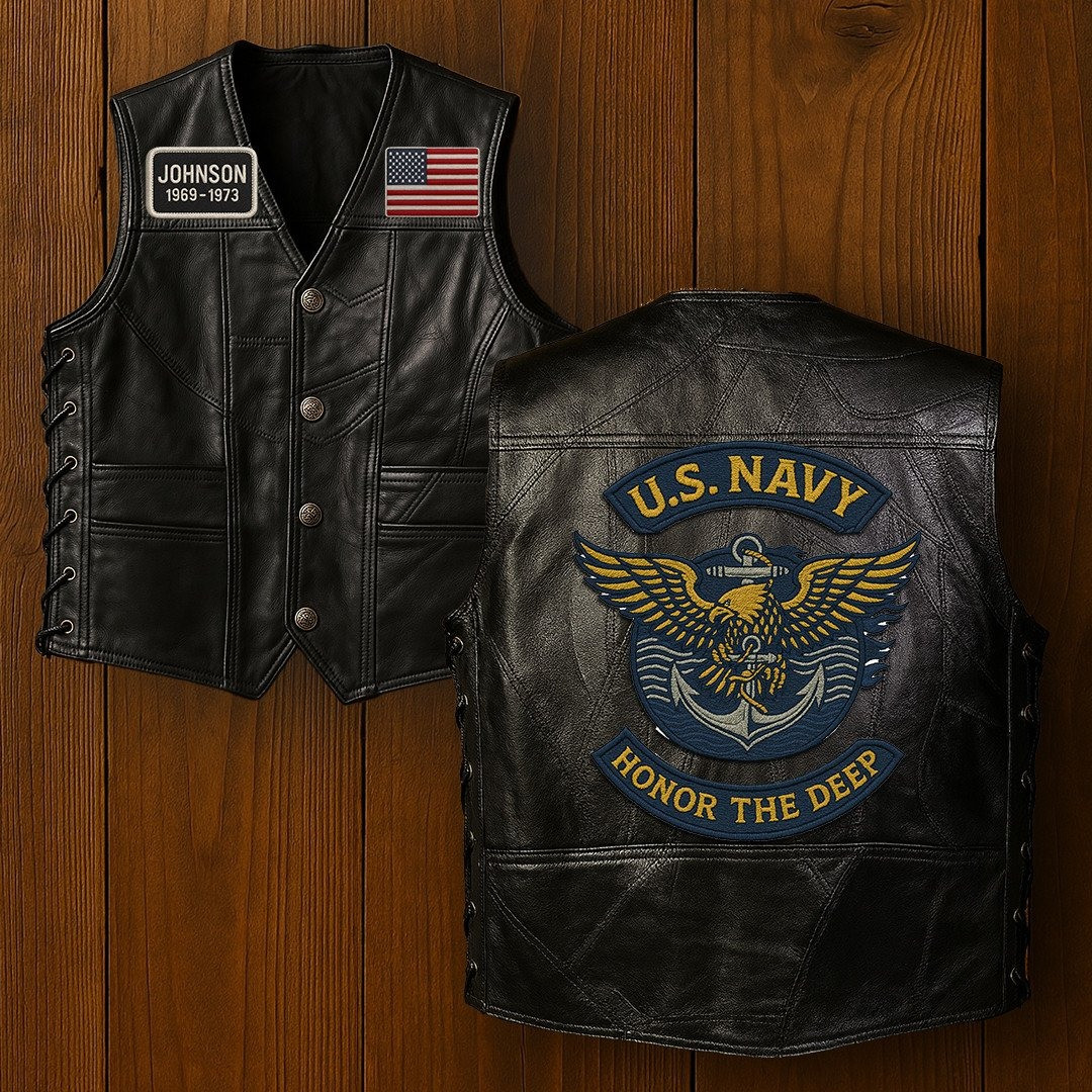 Premium US Navy Veterans Custom Leather Motor Vest VPVC702122, Gifts For Navy Veteran, Gifts On Father’s Day, Veterans Day