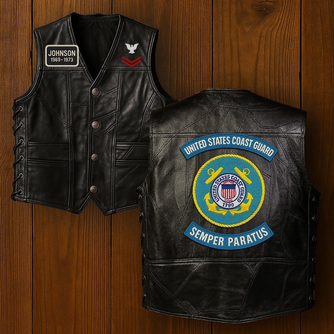 Premium USCG Veterans Custom Leather Motor Vest VPVC702127, Gifts For Coast Guard Veteran, Gifts On Father’s Day, Veterans Day