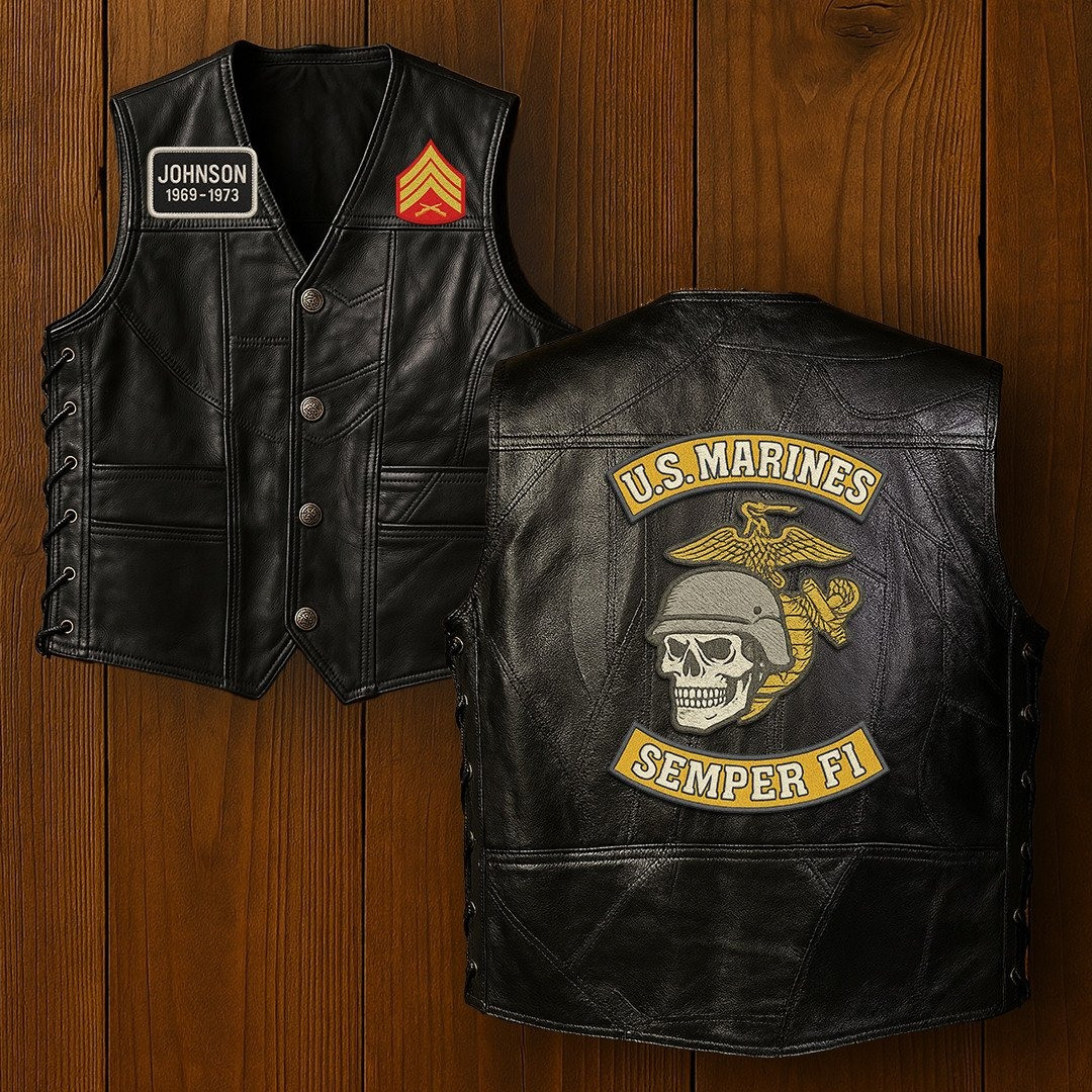 Premium USMC Veterans Custom Leather Motor Vest VPVC702130, Gifts For Marine Veteran, Gifts On Father’s Day, Veterans Day