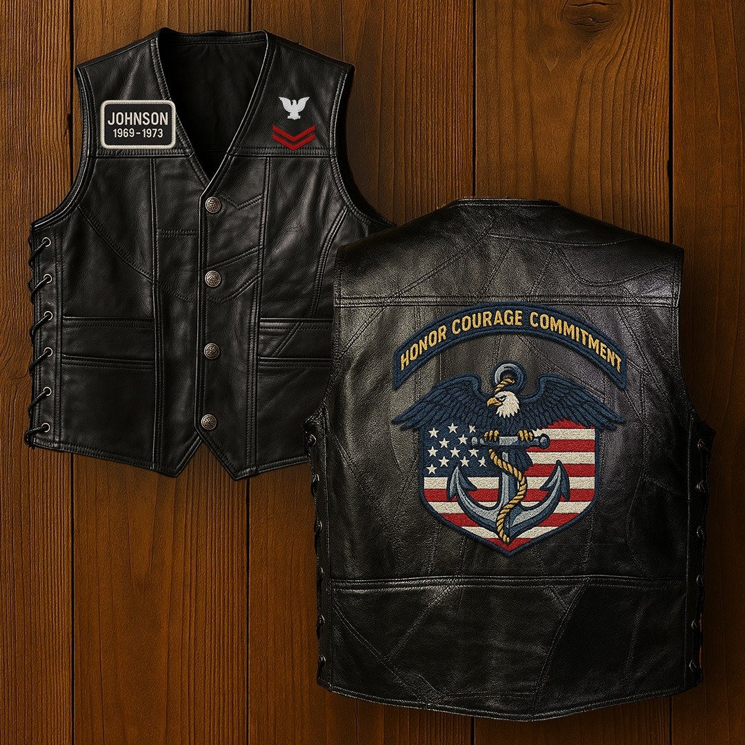 Premium US Navy Veterans Custom Leather Motor Vest VPVC702131, Gifts For Navy Veteran, Gifts On Father’s Day, Veterans Day