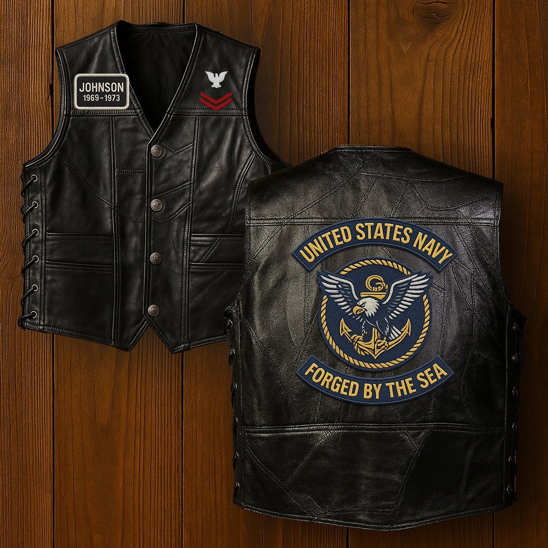 Premium US Navy Veterans Custom Leather Motor Vest VPVC702132, Gifts For Navy Veteran, Gifts On Father’s Day, Veterans Day