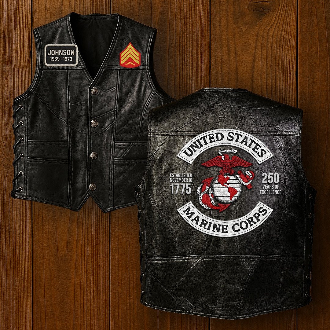 Premium USMC Veterans Custom Leather Motor Vest VPVC702135, Gifts For Marine Veteran, Gifts On Father’s Day, Veterans Day