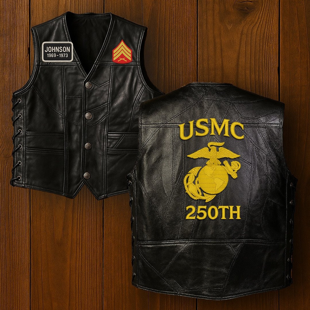 Premium USMC Veterans Custom Leather Motor Vest VPVC702136, Gifts For Marine Veteran, Gifts On Father’s Day, Veterans Day