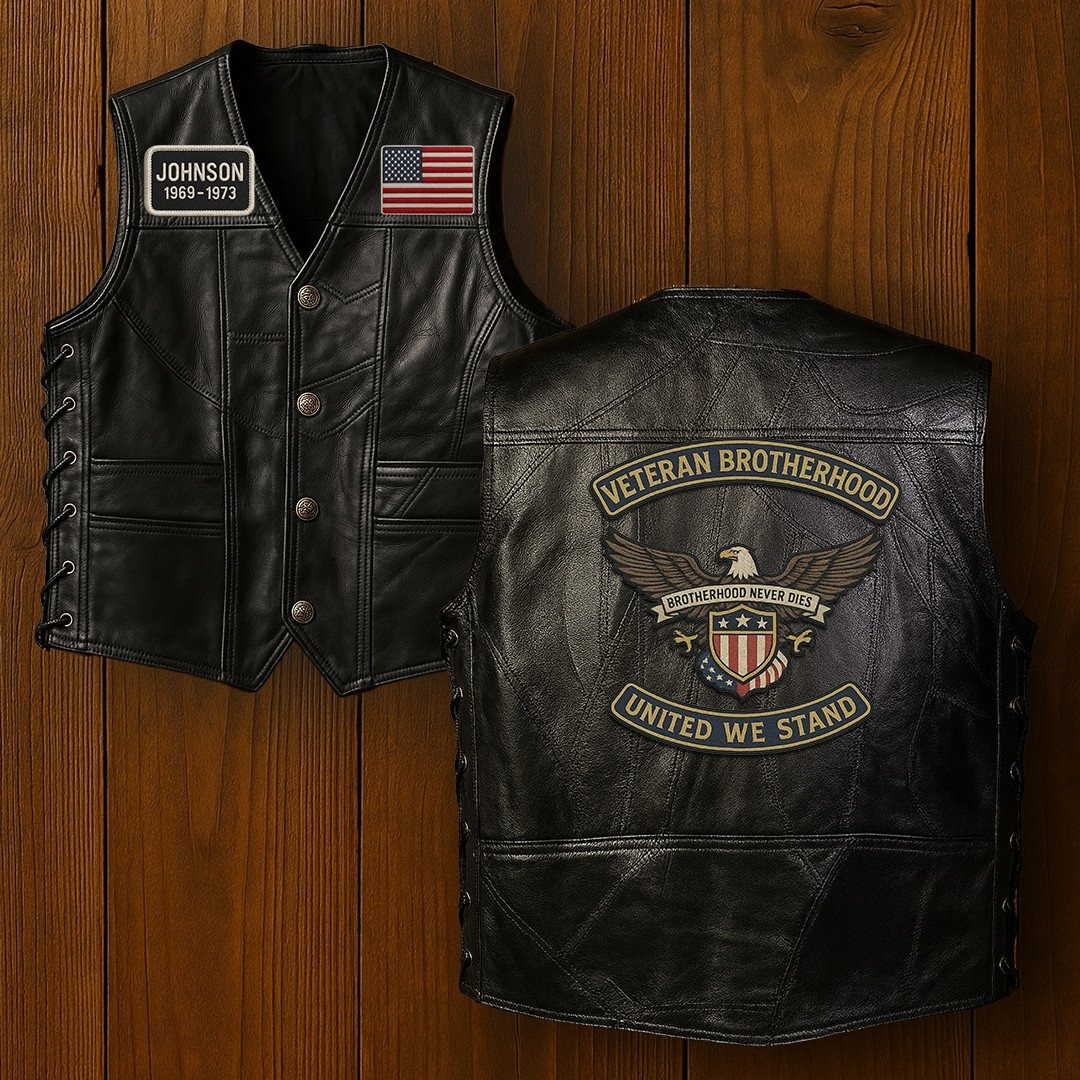 Premium US Veterans Custom Leather Motor Vest VPVC702138, Gifts For US Veteran, Gifts On Father’s Day, Veterans Day