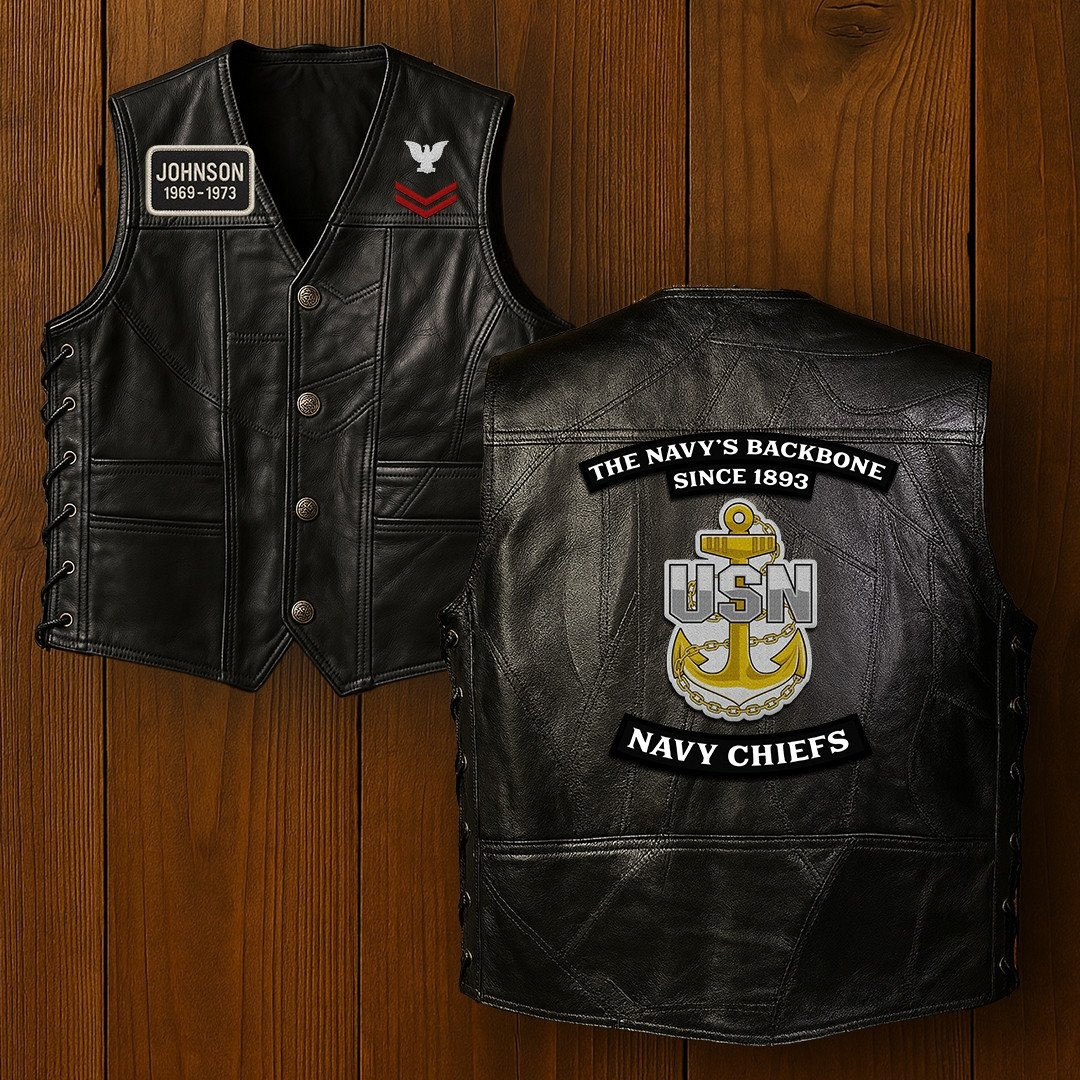 Premium US Navy Veterans Custom Leather Motor Vest VPVC702139, Gifts For US Veteran, Gifts On Father’s Day, Veterans Day